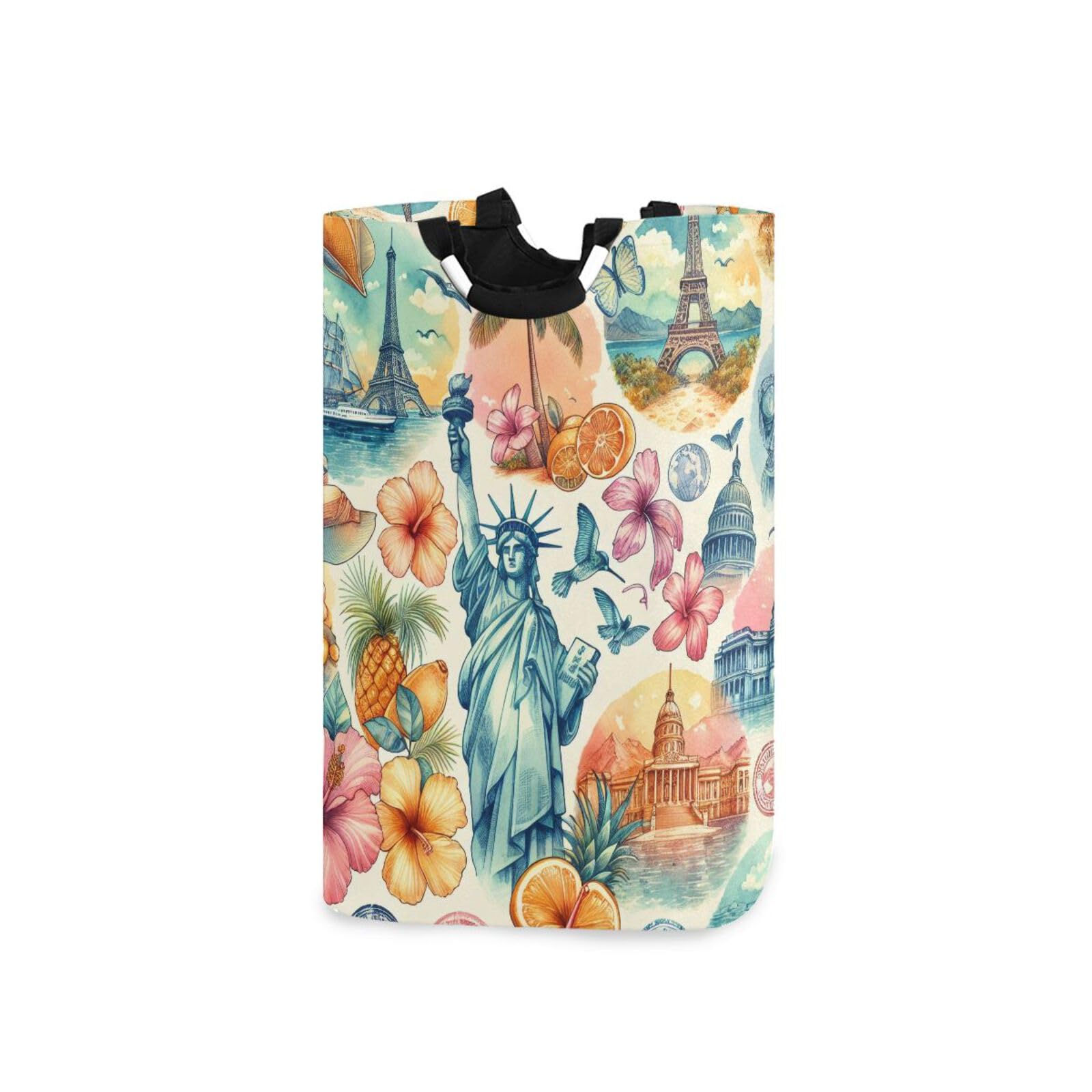 Jihqo Laundry Hamper Basket Tropical Flowers City Beach Collapsible Nursery Storage Bin Waterproof Clothing Baskets for Home Bedroom Bathroom Washing Room