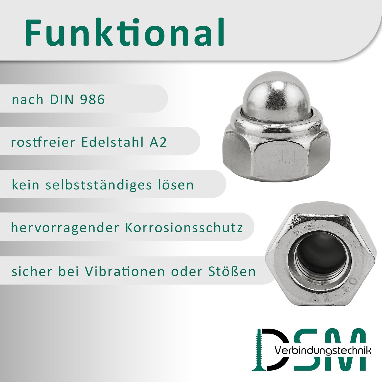 DSM I Tuercas de sombrero M16 I autobloqueantes según DIN 986 I Acero inoxidable A2/V2A I Tuercas hexagonales con pieza de sujeción de poliamida, tuercas de seguridad inoxidables, tuercas de bloqueo,