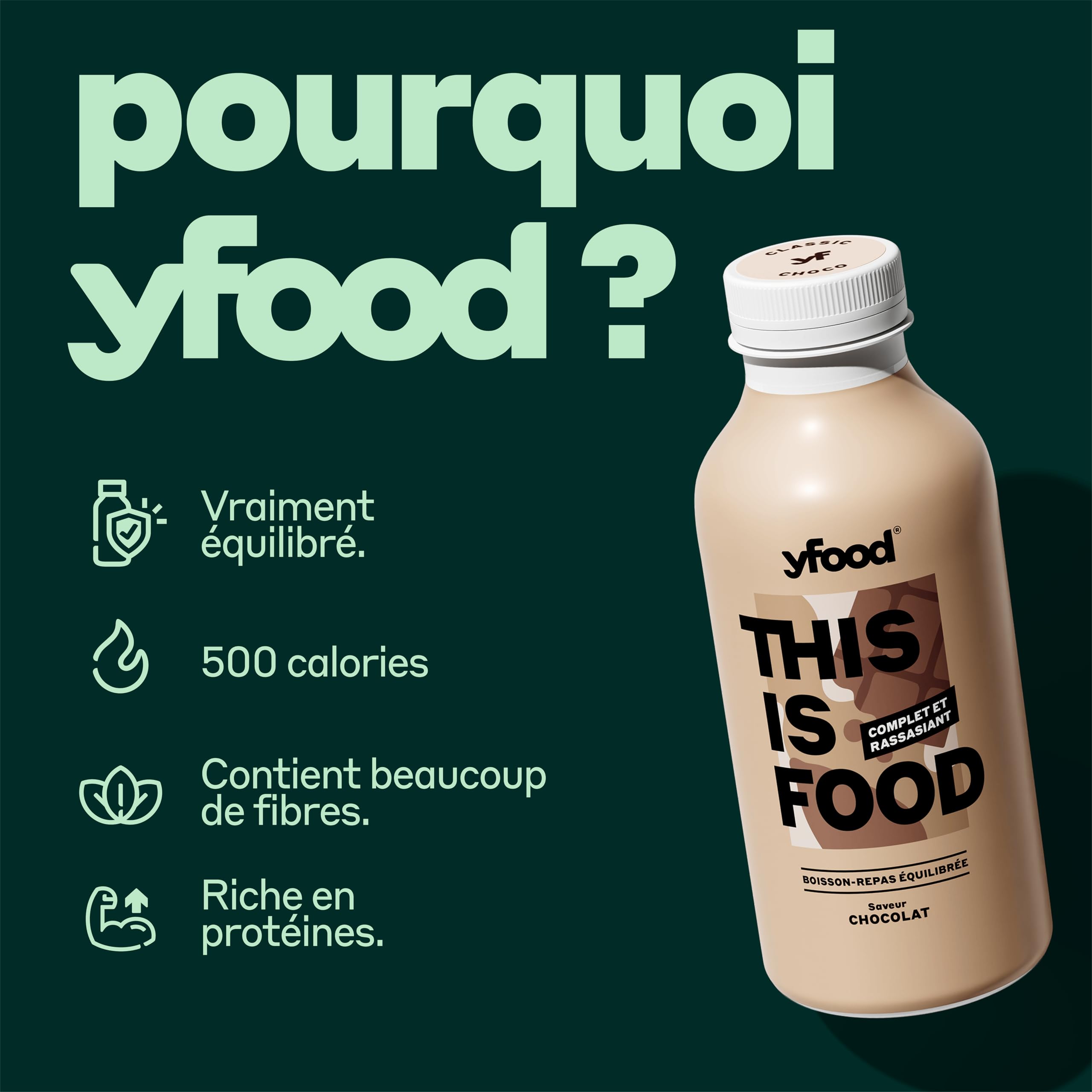 yfood repas prêt à boire, THIS IS FOOD, substitut de repas, 30 g de protéines, 26 vitamines et minéraux (12 x 500 ml) (Classic Choco)