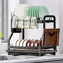 ZHHGOO Kitchen Dish Drainer with 2 Levels, Black Stainless Steel Dish Drainer with Cutting Board Holder and Drip Tray, Drying Rack with Automatic Draining