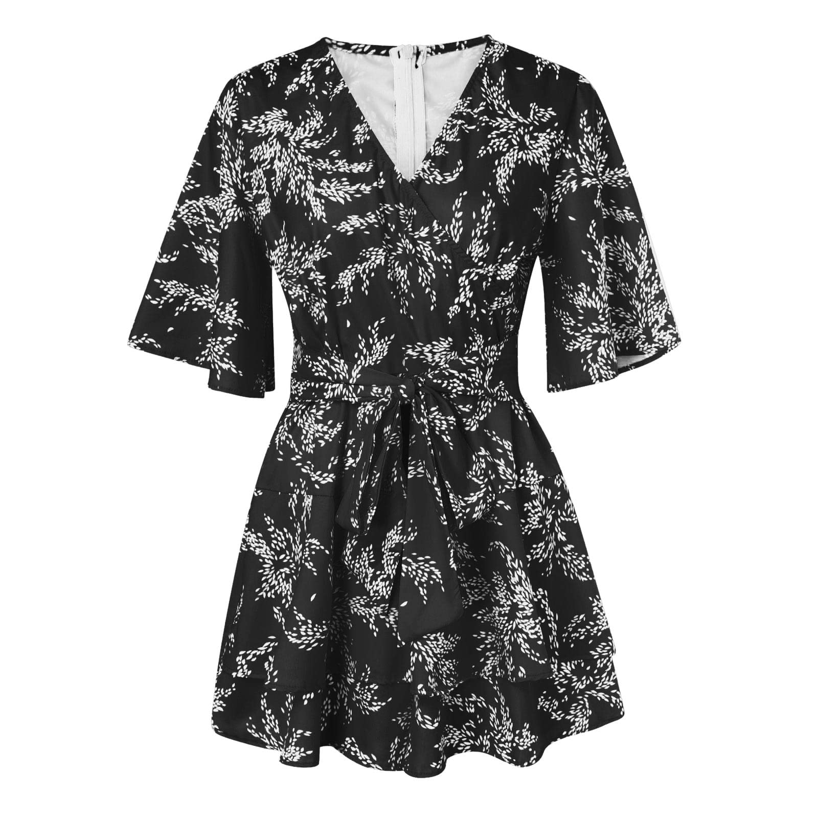 Eté Col V Plage Femmes Combinaison Short Taille Elastique Combinaison De Robe Plissée À Volants avec Et Manches Cloche pour Femme Blouse Jetable Ete Jumpsuit Col V Manche Courte Taille Haute Casual