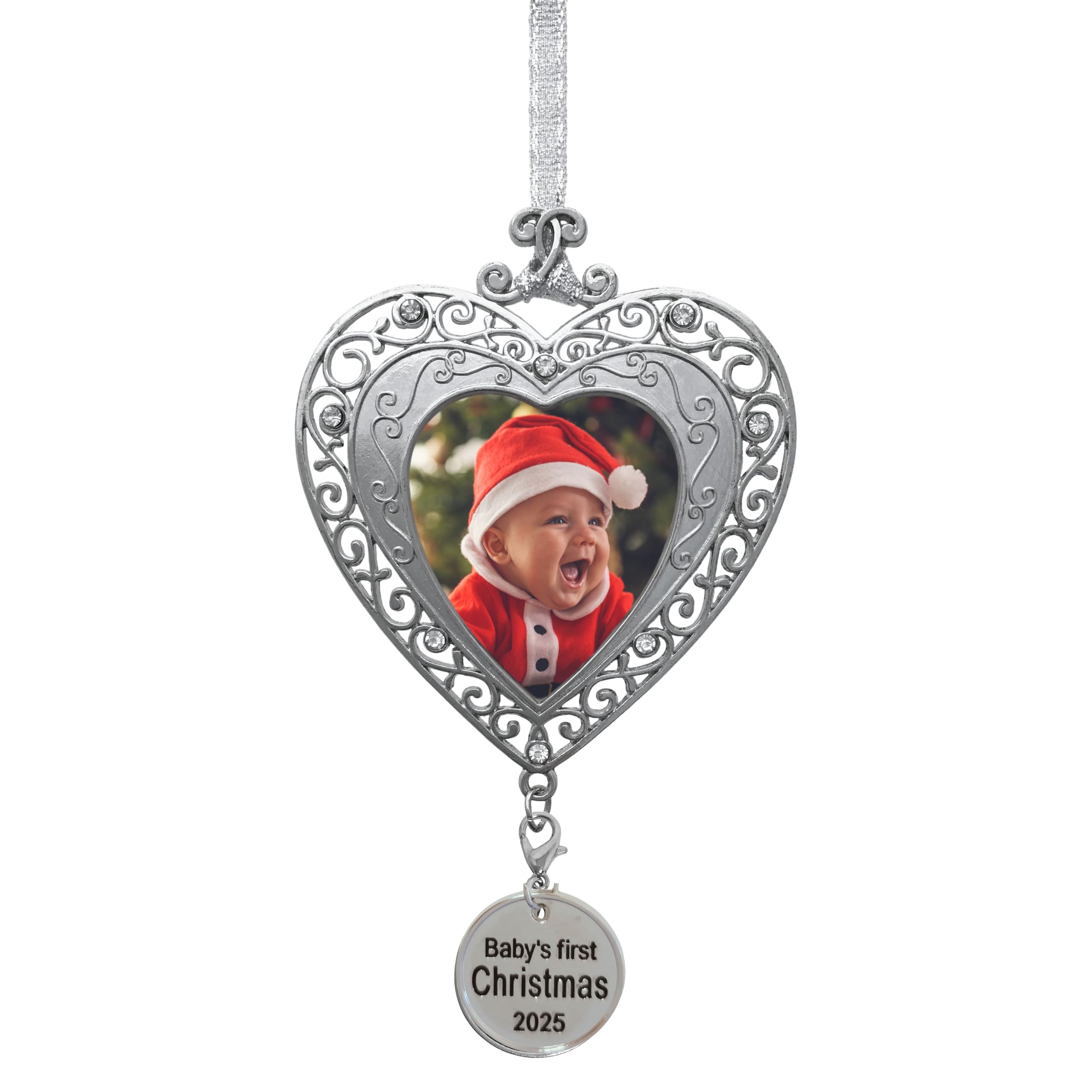 2025 Baby's First Photo Christmas Ornament- Picture Ornaments for Newborns - Filigree Heart Shaped Photo Ornament - Baby Xmas Ornaments Keepsakes - Gift/Storage Bag Included
