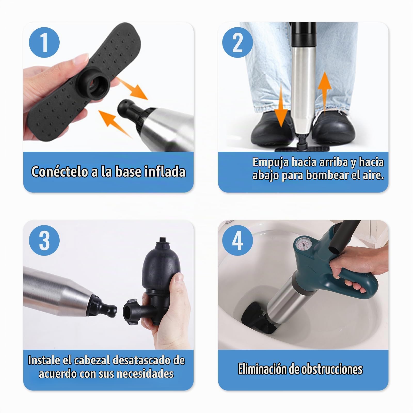 Desatascador WC, Desatascador Tuberias a Presion con barómetro, Desatascador de Inodoro con Cuatro Ventosas Diferentes Adecuado para Cuartos de Baño Inodoros Lavabos