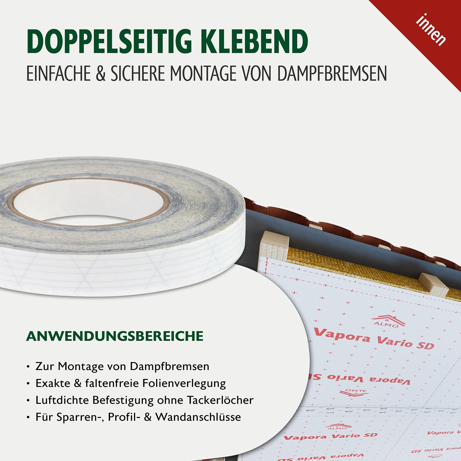 ALMO 4x doppelseitiges Montageklebeband 20mm x 50m Montageband für Dampfbremsen & Dampfsperren, starke Klebkraft mit reißfester Folie, ersetzt Tackern, einfache und sichere luftdichte Montage