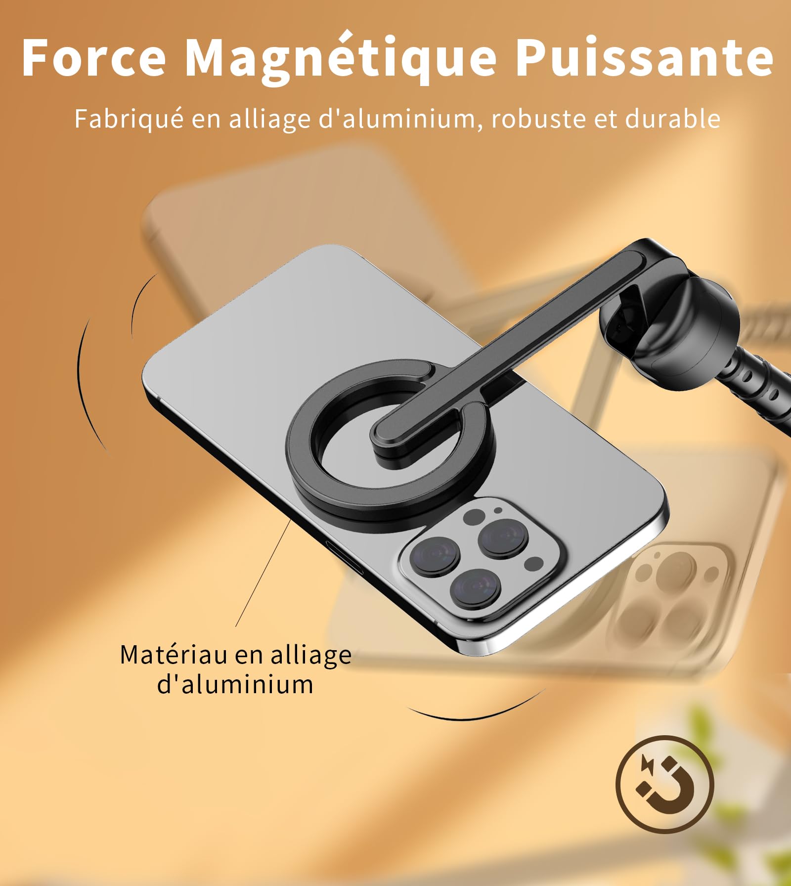 TONEOF 173cm Perche Selfie Magnétique Trépied,Fixations en Aluminium pour Magsafe, Rotatif à 360°,Trépied Voyage Rétractable avec Anneau Métallique&Télécommande-Noir Violet - 5