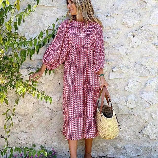 Image of Womens 2024 Casual Boho Maxi Dresses V Neck 3 /4 Puff Sleeve Geometric Pattern Smocked Ruffle Beach Long Sundress (B,Small)