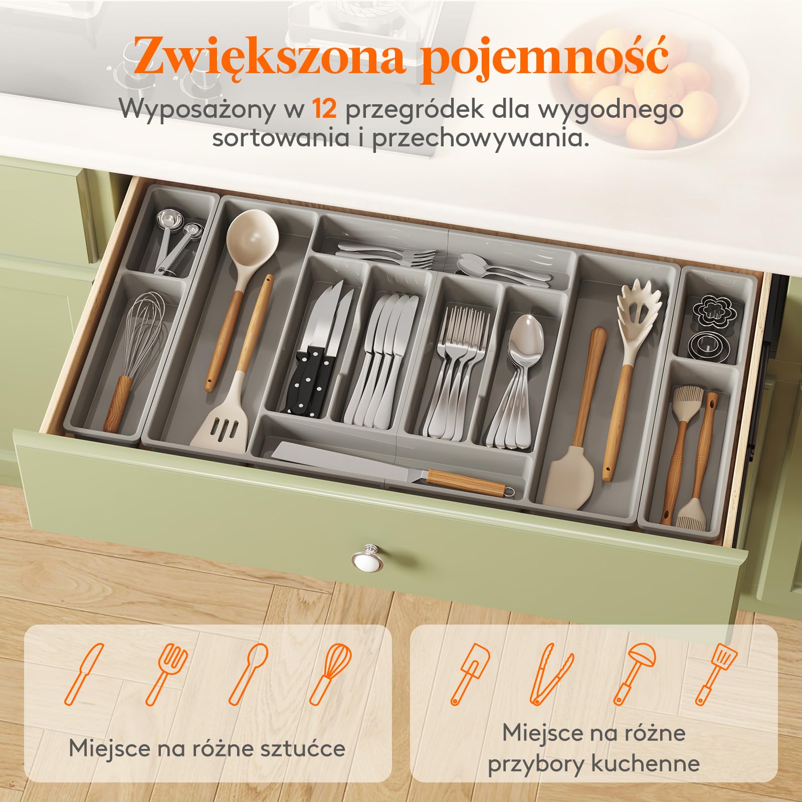 Lifewit Pojemnik na sztućce, wkład na sztućce 816 x 420 mm, do szuflady 90, zdejmowany uchwyt na przybory kuchenne, uchwyt na sztućce z tworzywa sztucznego, wkład do szuflad, organizer kuchenny na