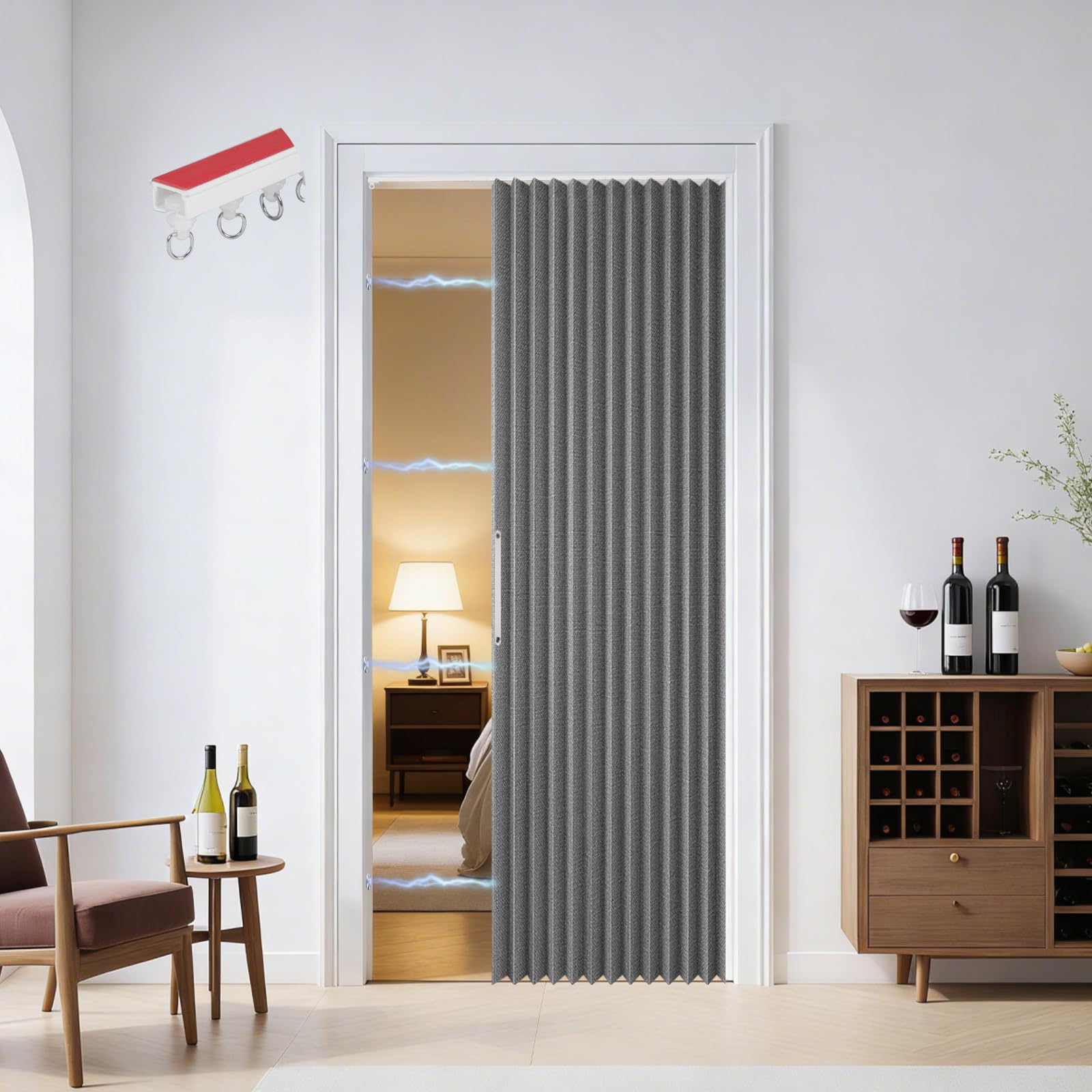 Magnetischer Türvorhang, 100% Verdunkelung, Akkordeon-Tür mit Magnetverschluss, Klebemontage ohne Bohren, inkl. Klebeschiene, Leinenoptik Faltbarer Raumteiler-Tür (Dunkelgrau)