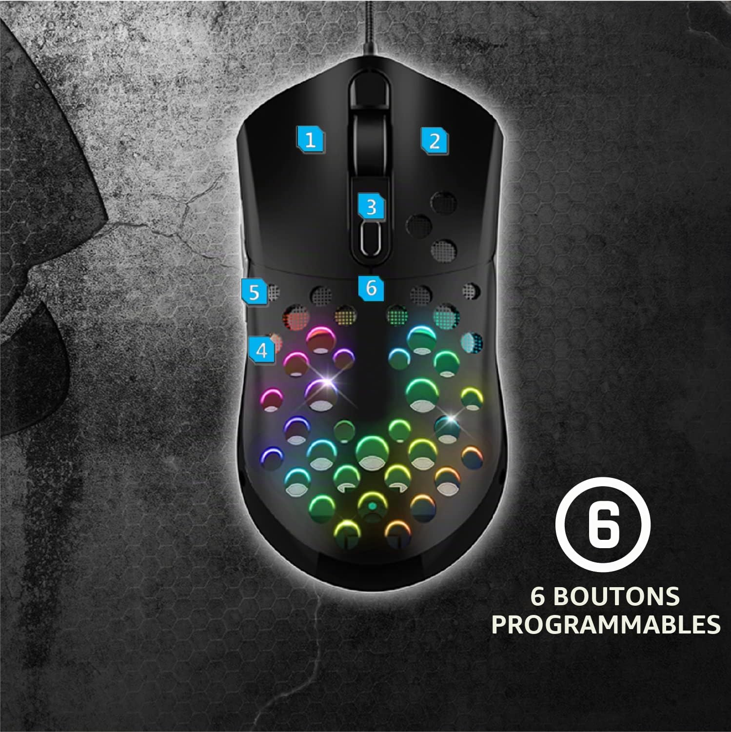 Spirit Of Gamer - ELITE M80 - Souris Gaming RGB ultra-légère - Câble flexible - Capteur optique 4200 DPI - 6 boutons programmables - Coque perforée en nid d'abeille noir - Poids : 68 g