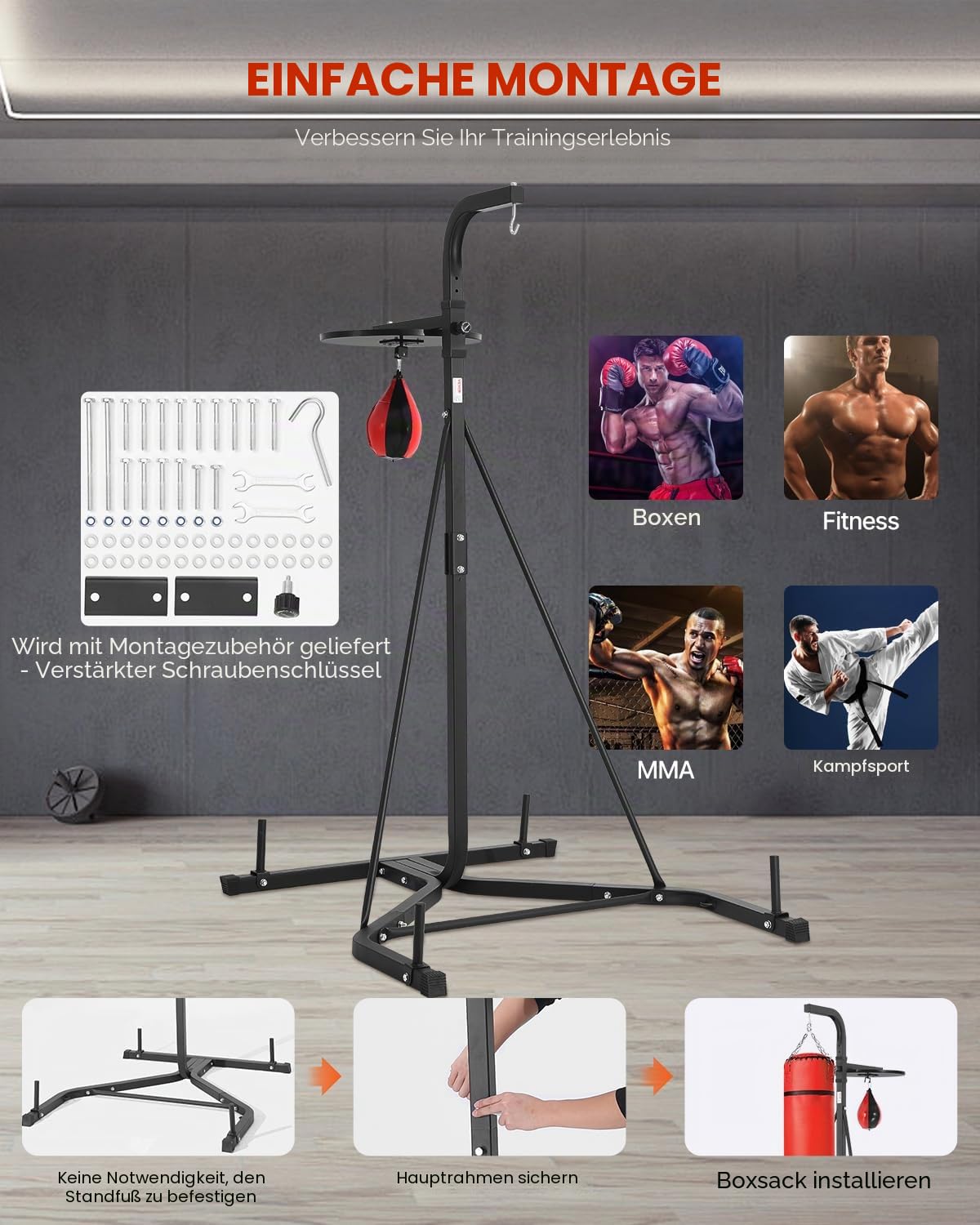 VEVOR 2 in 1 Boxsackständer Trainingsgerät Sandsackgestell aus Stahl, höhenverstellbare Boxsackhalterung (65 kg belastbar), Fitnessgerät Standboxtrainer Speedbag-Ständer für Fitness-Studio