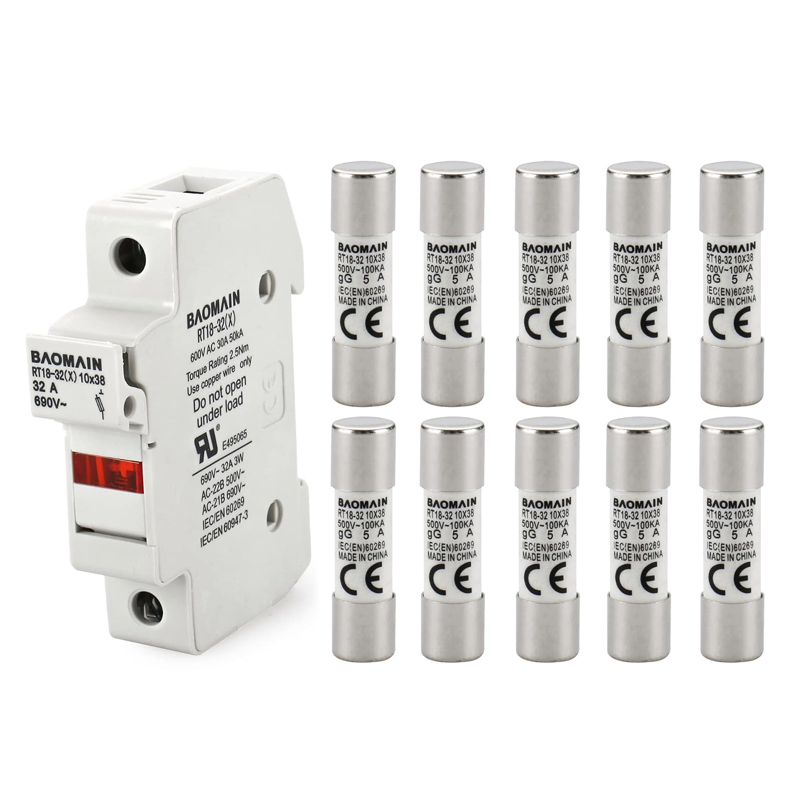 Baomain RT18-32 Fuse Holder With 10A Ceramic Fuses – 2 Pole DIN Rail Mount, LED Indicator, 10x38mm Fuses (10 Pack)