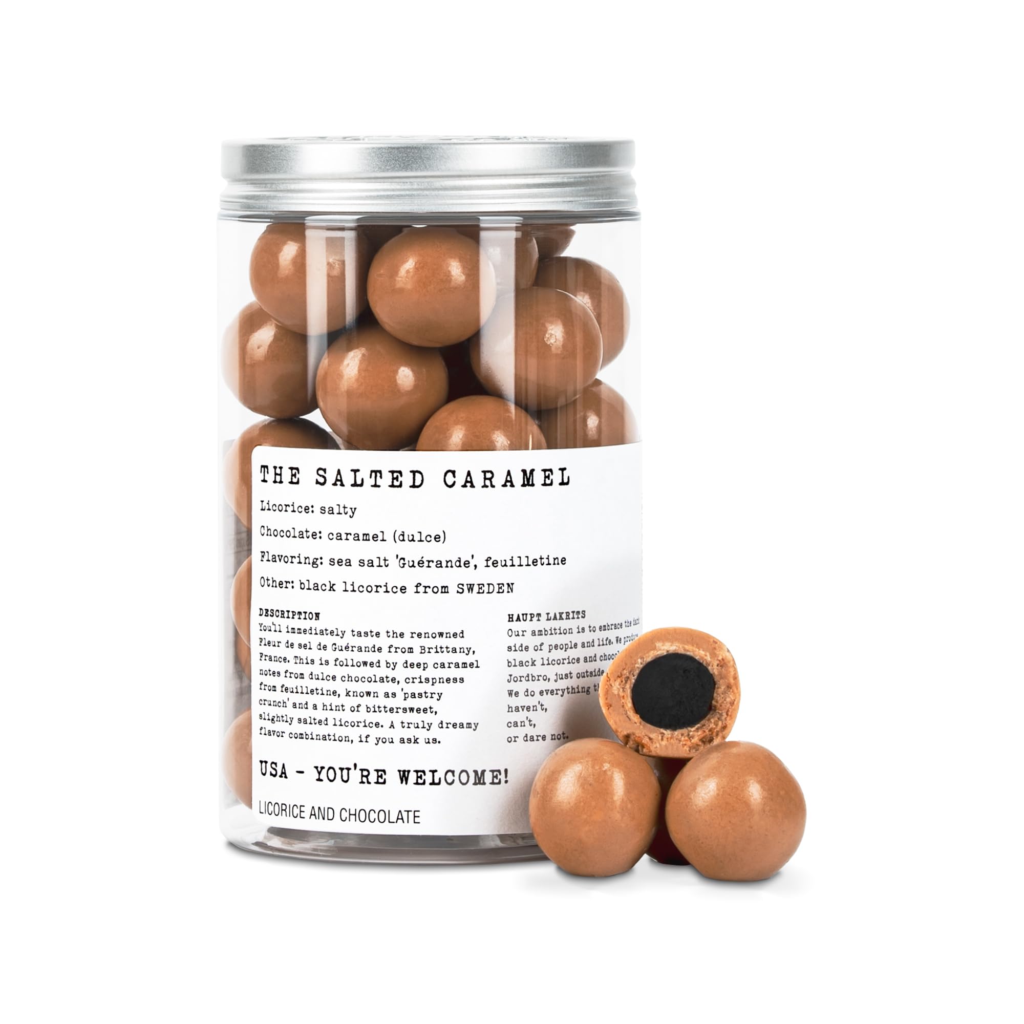 Haupt Lakrits The Salted Caramel – Salty Black Licorice with Caramelized Dulce Chocolate, Crispy Feuilletine & French Sea Salt – Swedish Small Batch, Gourmet Chocolate & Licorice Candy – 8.8 oz