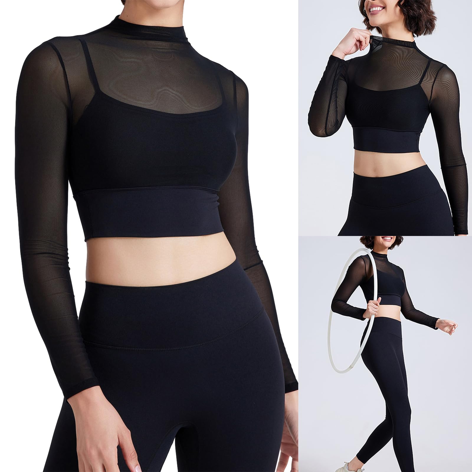 Top corto da donna a maniche lunghe, trasparente, doppia fodera, aderente, casual, per allenamento, palestra, yoga, camicetta