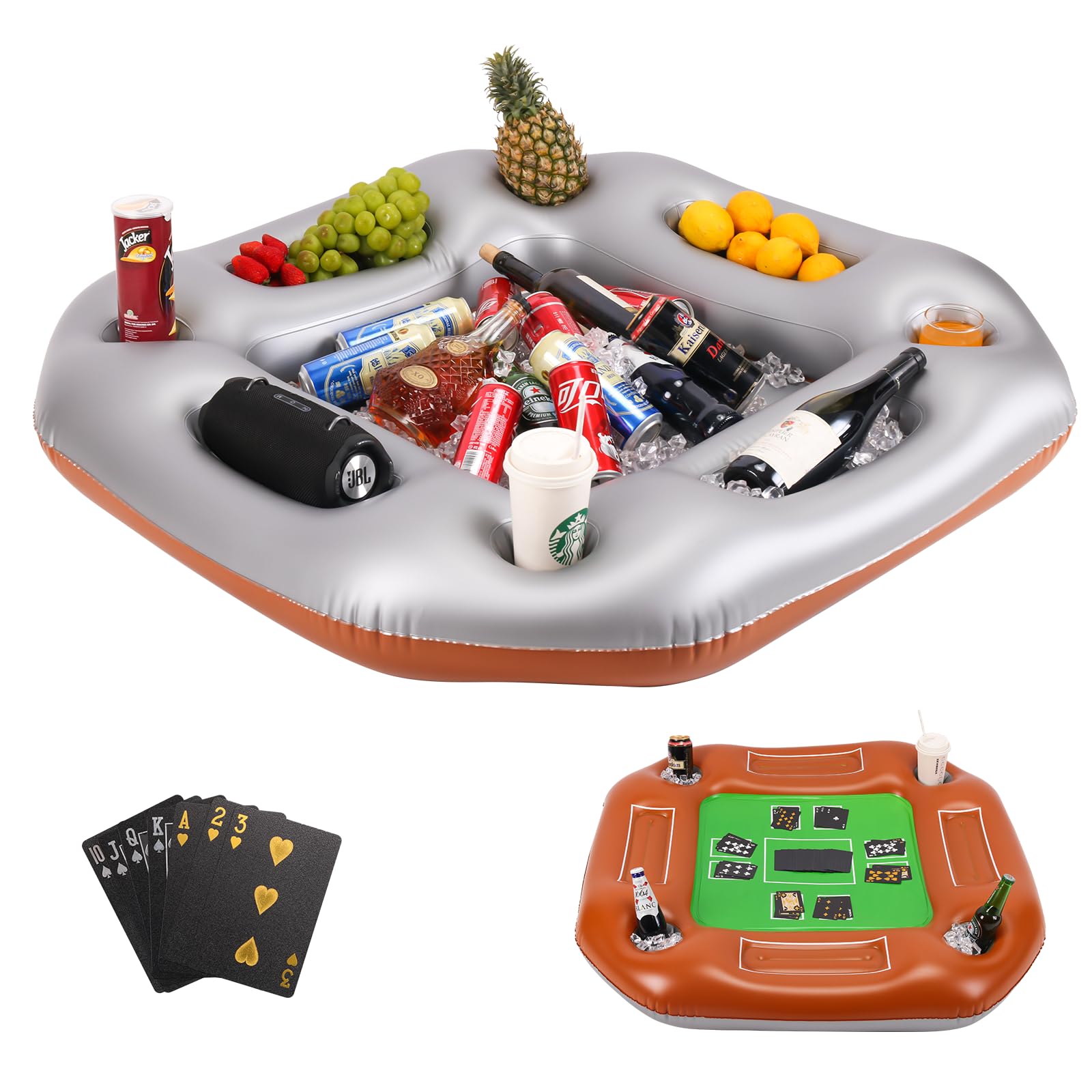 2-in-1 Inflatable Floating Poker Table & Drink Holder – Dual-Sided Pool Float with Waterproof Cards – Poker & Blackjack on One Side, Snack & Drink Tray on the Other – Perfect for Pool & Beach Parties