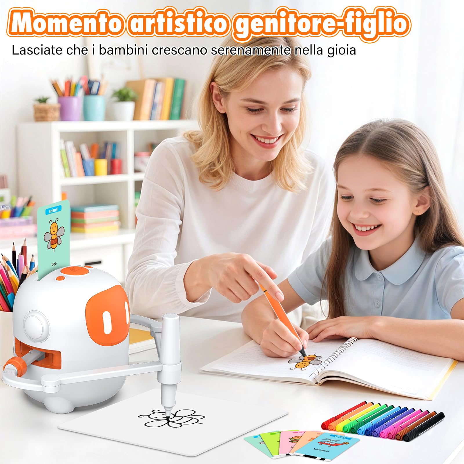 Robot da Disegno per Bambini con 100 Schede e 12 Pennarelli, Giocattolo Robot con Interazione Vocale, Migliora Concentrazione e Pazienza, Bambini Sopra i 3 Anni, Bianco