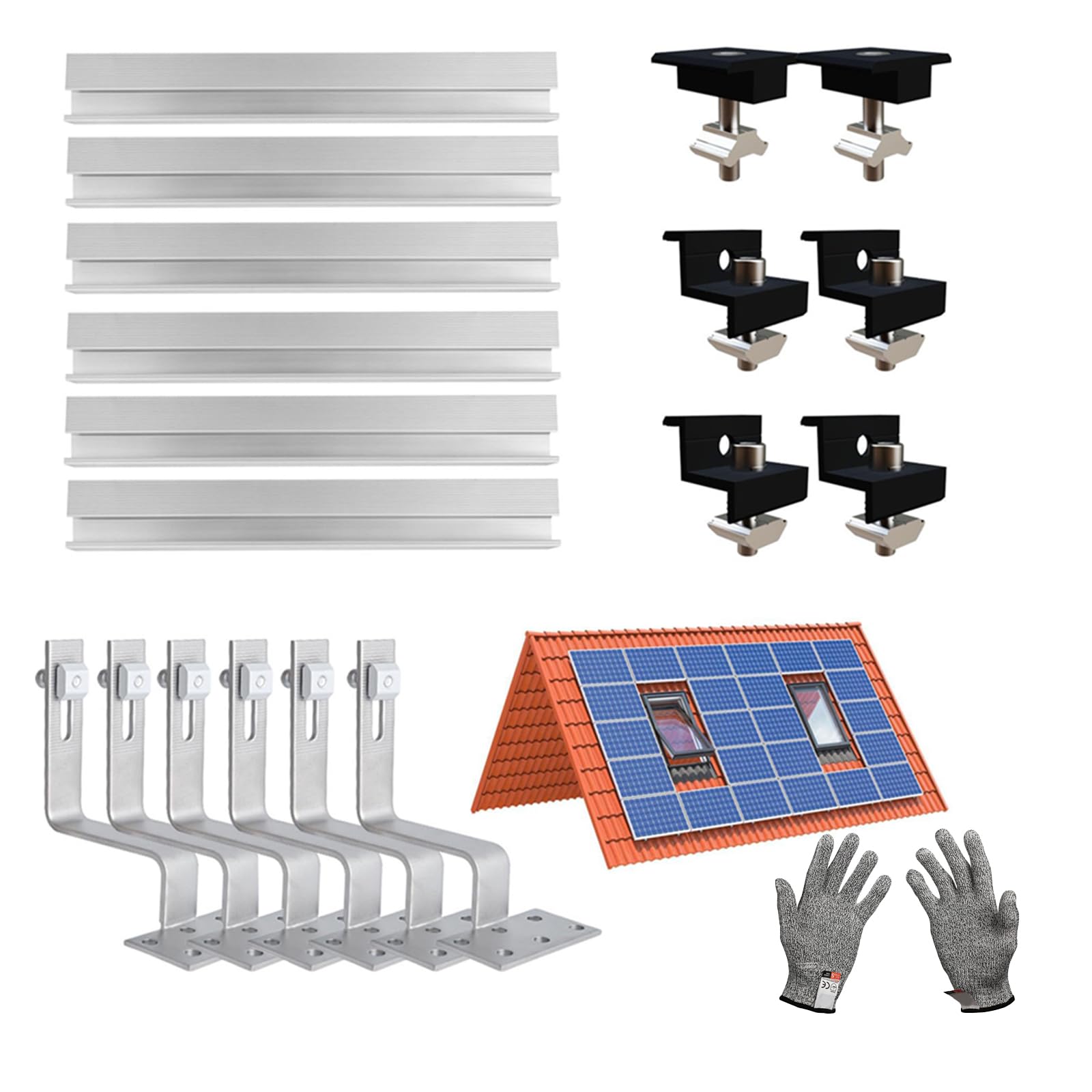 Zonnehouder, baksteendakset, aluminium profiel en fotovoltaïsche dakhaken, zonnepaneelhouder, baksteendak, zwart, verstelbare klemmen voor moduledikte 30-35 mm (2 modules