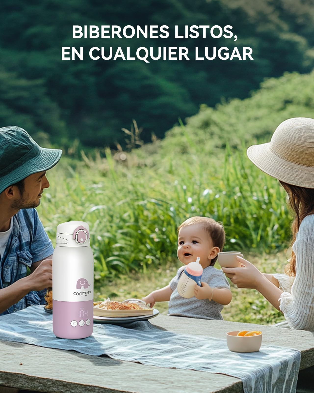 Comfyer Calienta Biberones Portatil para Viaje, Calentamiento Rápido y Larga Duración de la Batería, 2 Modos para Leche Materna y Agua, 340ml de Capacidad para Viajes Morado y blanco