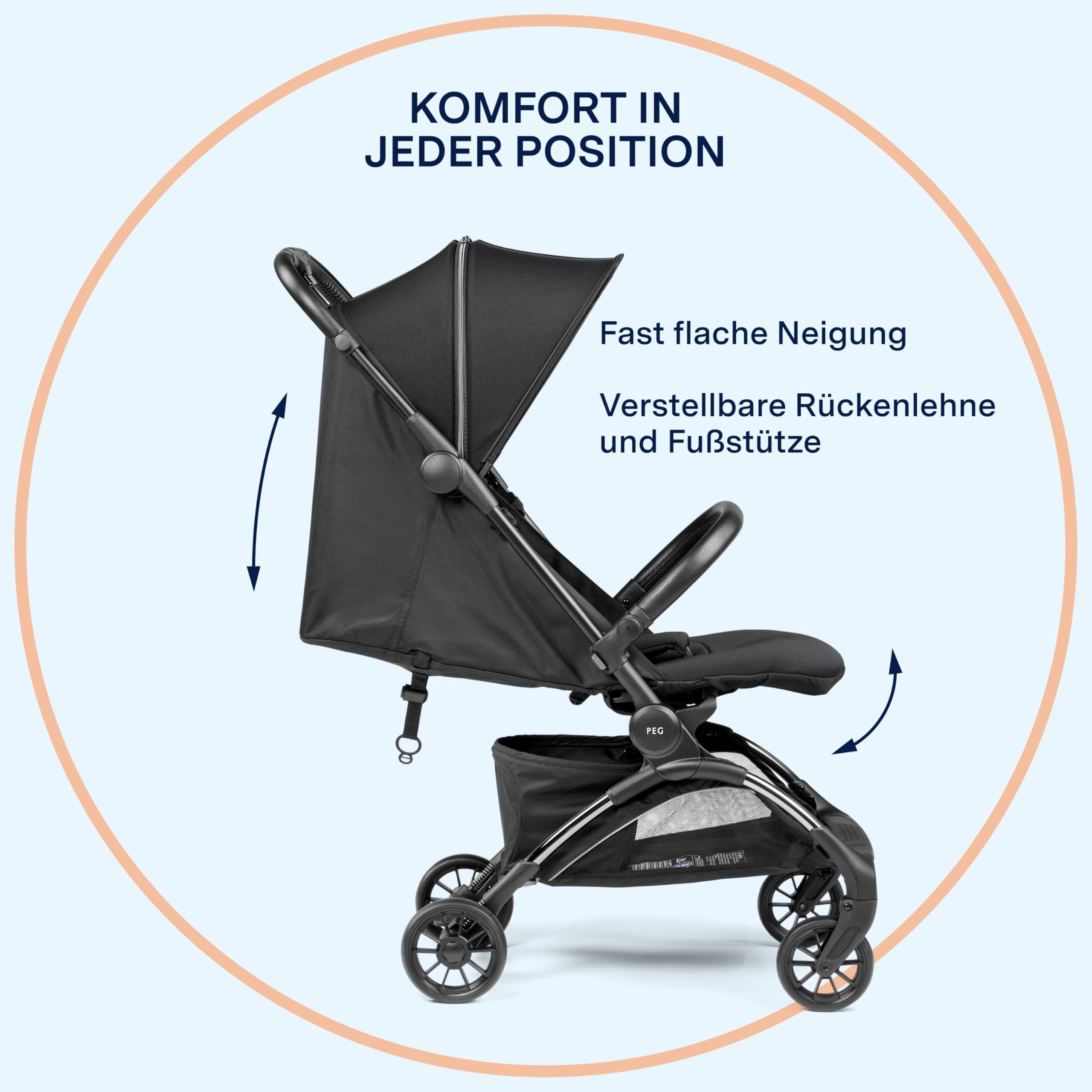 PEG Leichter Buggy Volo mit Regenschutz, Handgepäckgröße, Flugzeuggeeignet, Kompakt, Ab Geburt bis 22 kg, Reisetasche Inklusive, True Black