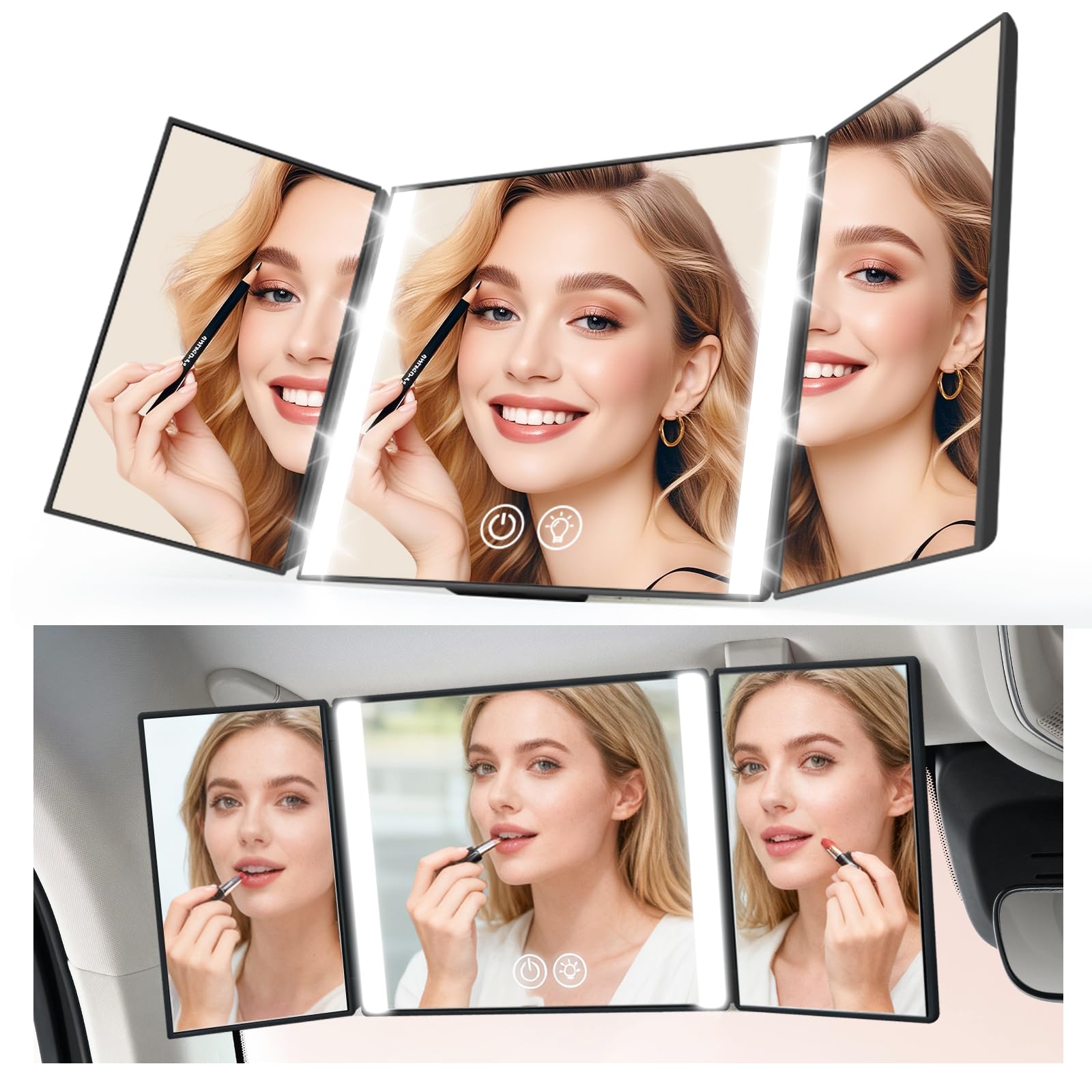 Car Makeup Mirrors with 3 Way Lights, Sun Visor Vanity Mirrors For Truck, Car Accessories For Women, Gifts Present Set, LED Modes - Rechargeable