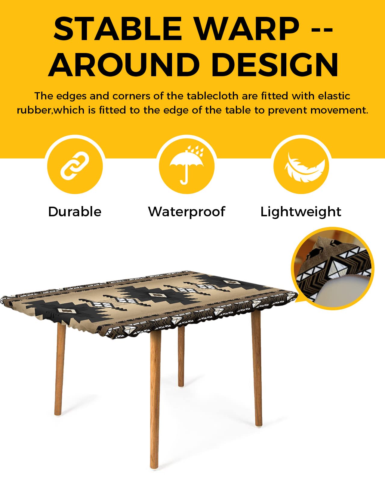 Southwest Tablecloth Fitted Table Cover for 6ft Tables - Waterproof Wipeable Elastic Table Cloth for Outdoor Picnic Camping Dining Party, Western Native American Indian Tribal Ethnic Boho 32