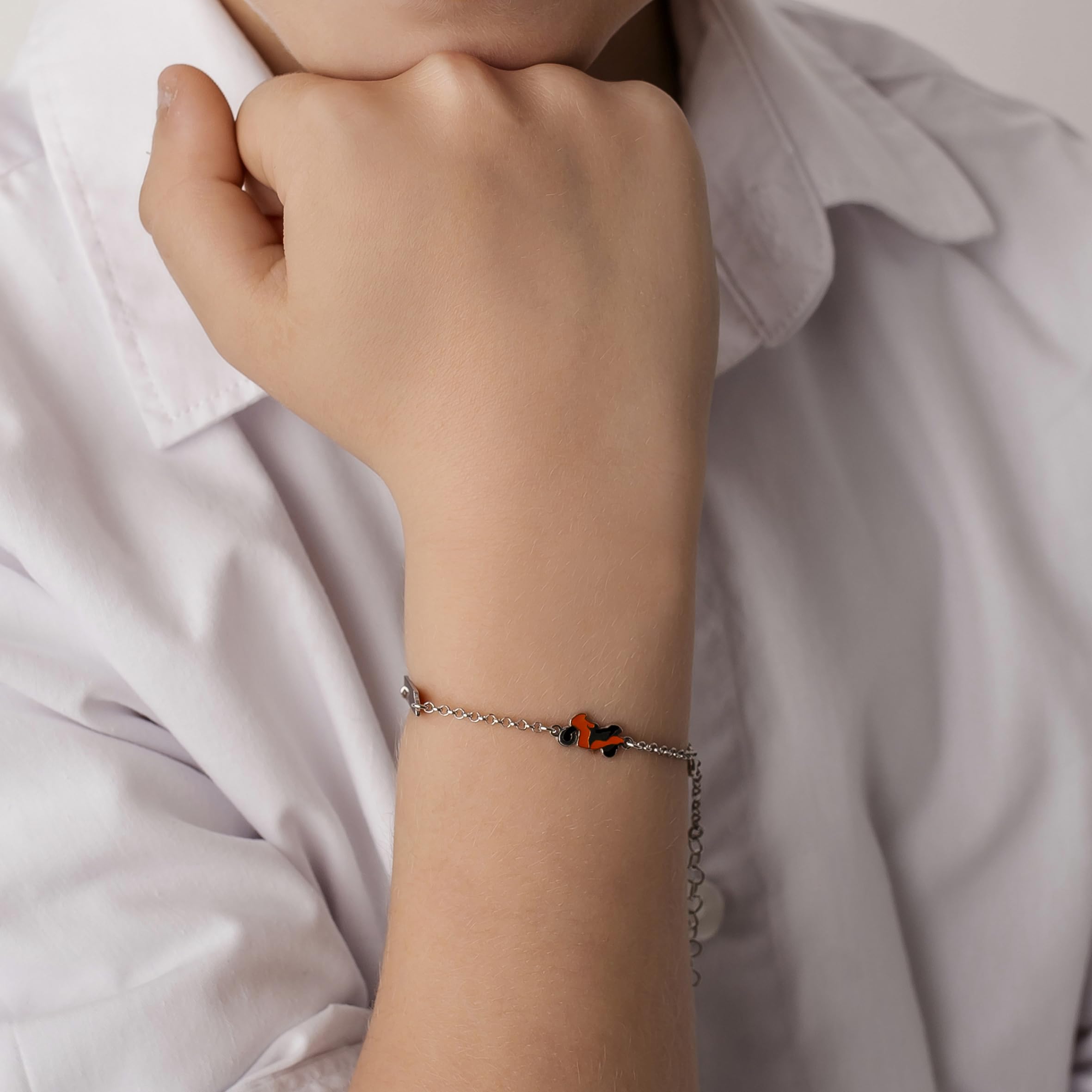 Bracelet en Argent 925 Gravée pour Enfants Moto Émaillée Boîte Cadeau