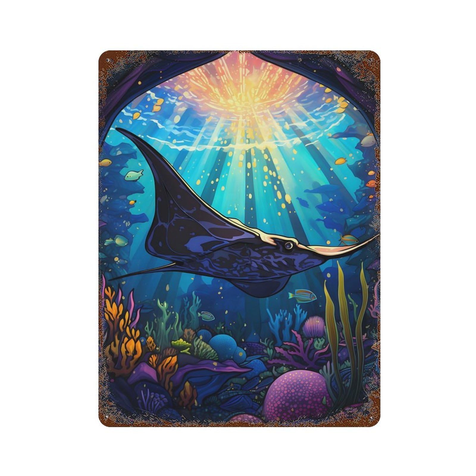 Stingray Stained Glass 15.7"x11.8" Aged Metal Wall Plaque, Retro Wall Decor for Farmhouse, Kitchen And Entryway Decor