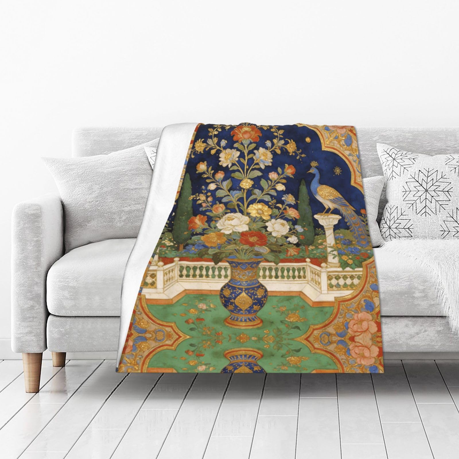 DUYIOKH Peacocks & Floral Garden Art Print Thick Throw Blanket, Blanket for Couch Bed Warm Travel Blanket for Camping Movie Night