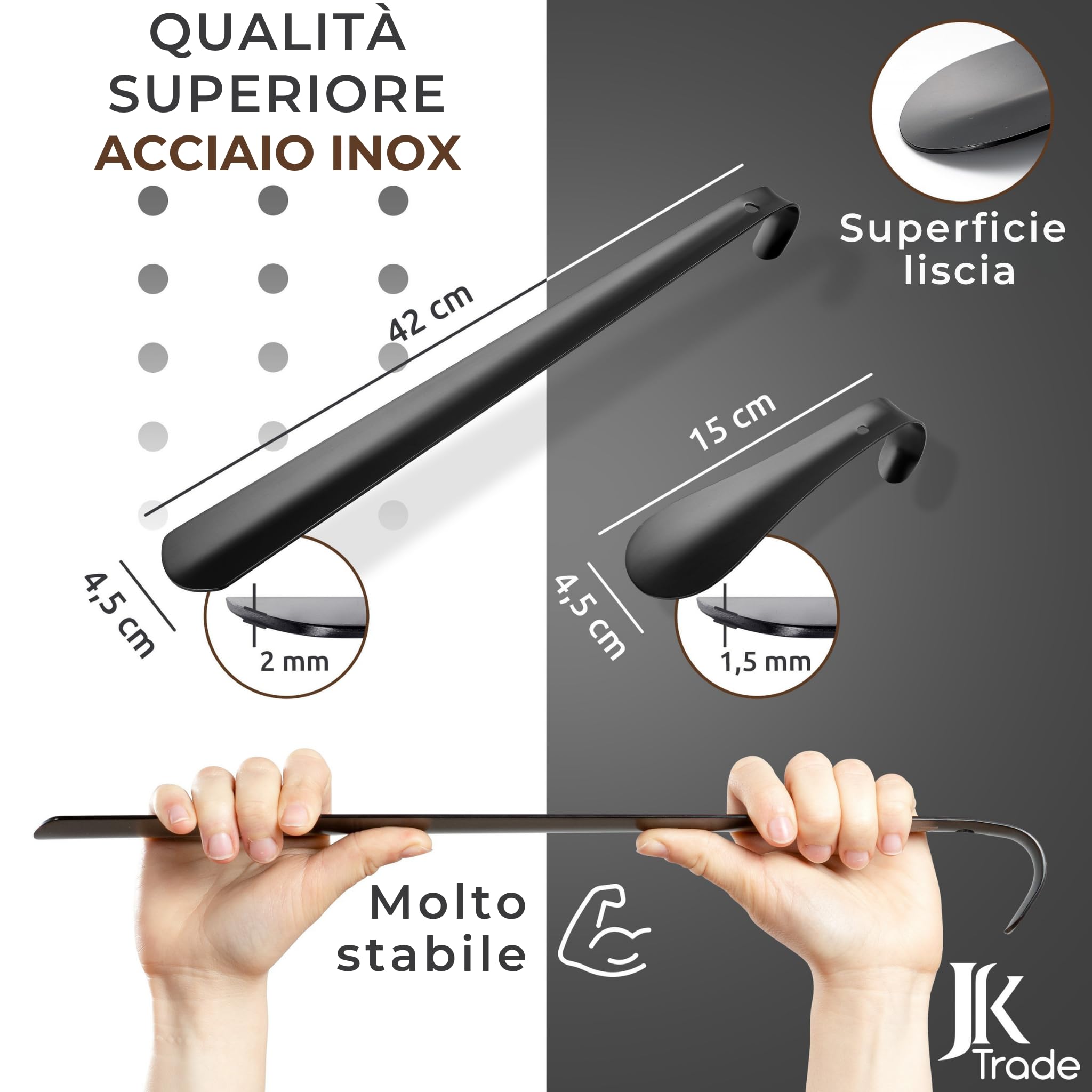 JK Trade® Set di 2 calzascarpe in acciaio inox stabile | 15 & 42 cm | Calzascarpe in acciaio inox corto e lungo | Veloce e delicato sulla schiena | Lunghezza e larghezza ideali | Shoe horn | Business