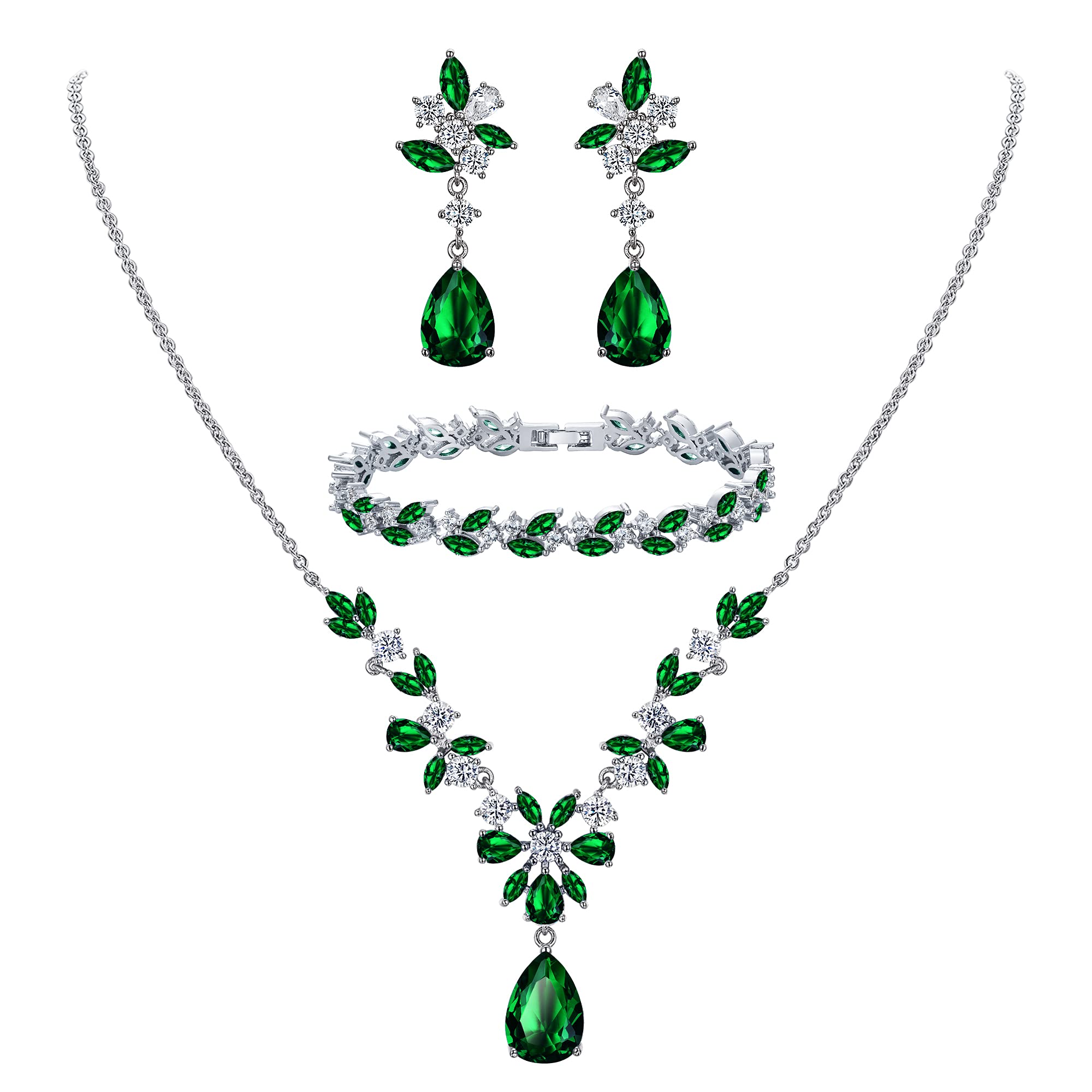 Wedding Zirconia cubica Set di Gioielli per Le Damigelle d'Onore, Cristallo Goccia Ciondolo Collana Tennis Bracciale Lampadario Foglia Orecchini Dangle per Donne