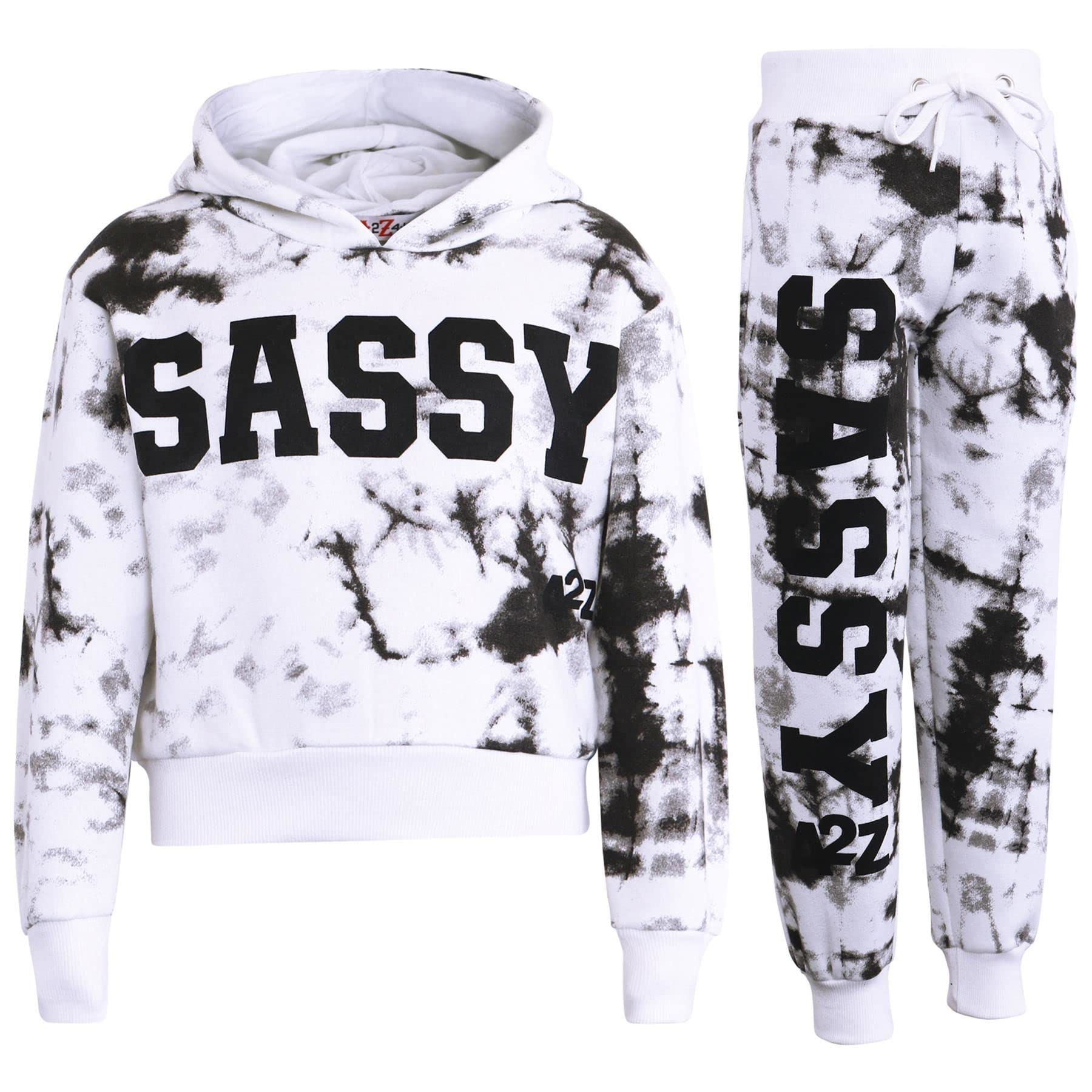 A2z 4 Kids Girls Black Tracksuit Tie Dye Sassy Fleece Hooded Crop Top - T.s Crop Sassy 13