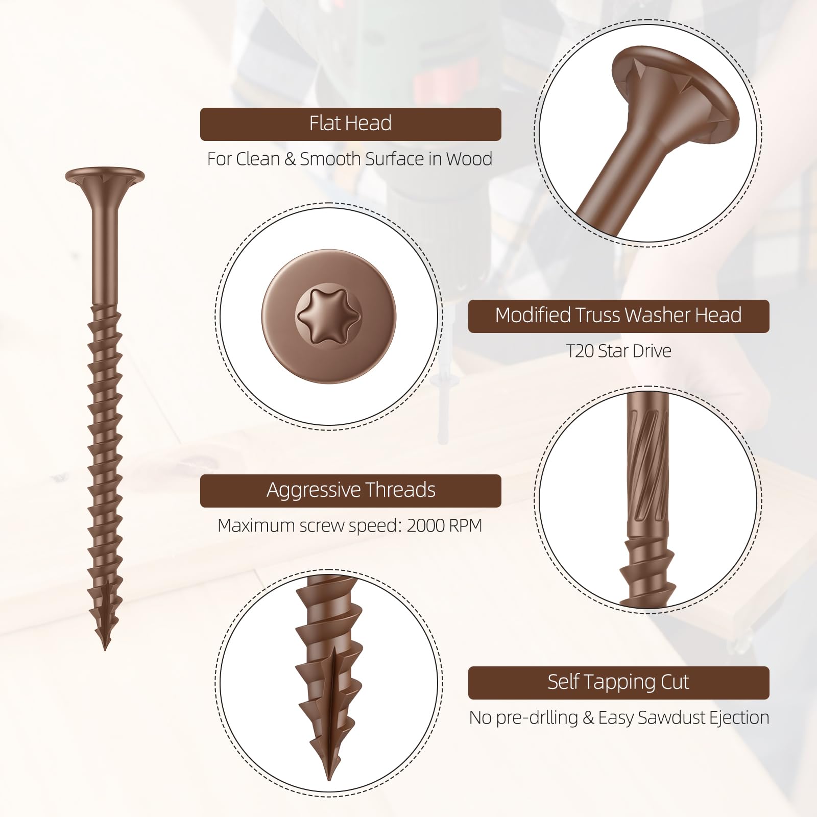 Tornillos exteriores de madera y valla con revestimiento epoxi de 2-1/2 pulgadas #10 x 2-1/2 pulgadas Torx/Star Drive incluida rosca gruesa, tornillo de cubierta resistente a la corrosión para