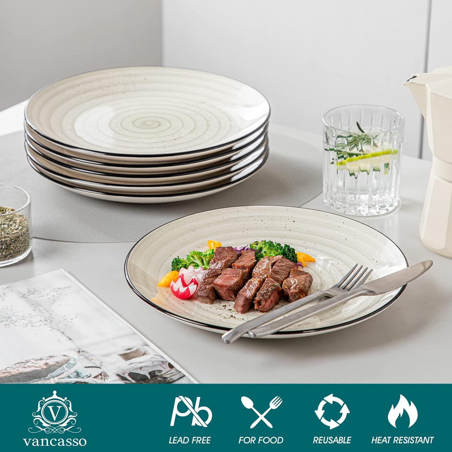 vancasso Bonbon Dinner Plates Set of 6, 10.5 Inch Ceramic Dinner Pasta Plates,Large Dinnerware Plate for Kitchen, Microwave & Dishwasher Safe Serving Bowls, Beige - Image 3