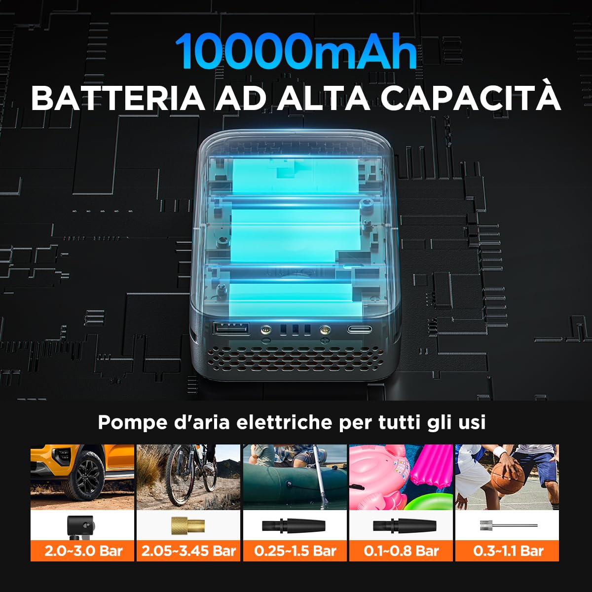 Litheli, pompa ad aria elettrica, 20 V, 10000 mAh, misuratore di pressione digitale a batteria, 160 PSI, pompa portatile per auto, bici e palle sportive