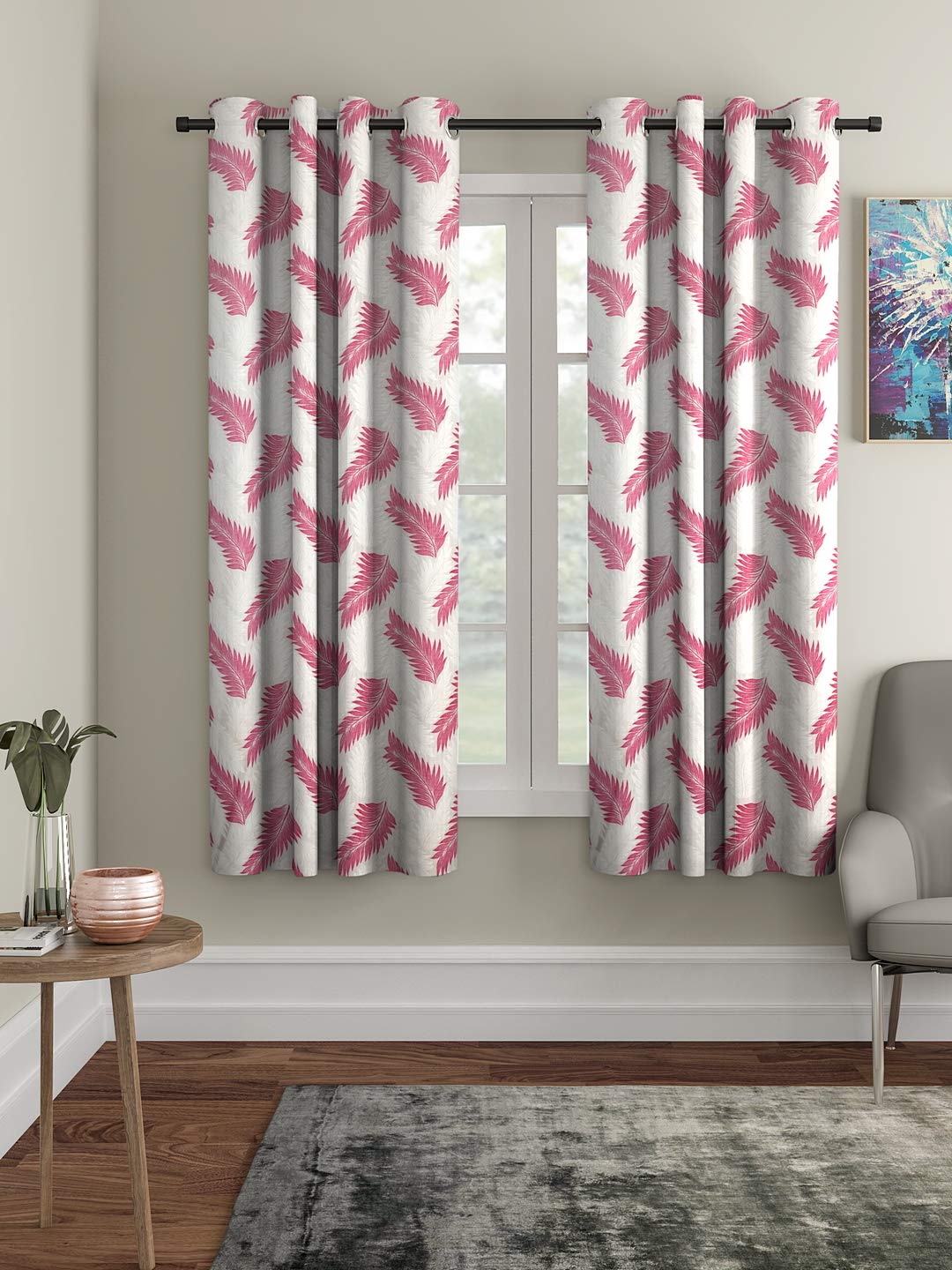 Cortina 2 Piece Leaf Design Panel Eyelet Polyester Window Curtains - 5 Feet, Pink