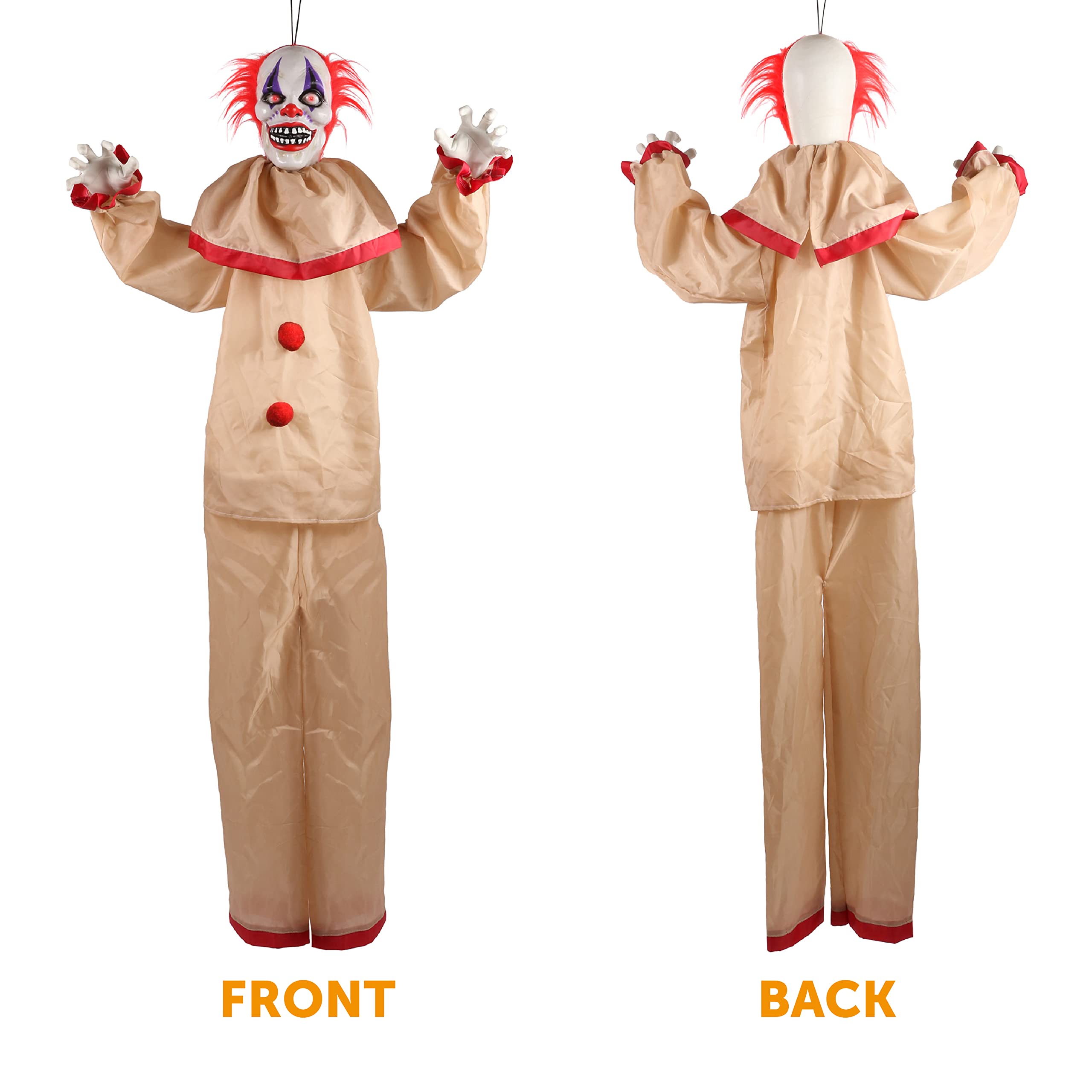 I LOVE FANCY DRESS LTD Animatronic duży przerażający klaun 160 cm dekoracja na Halloween - czerwone świecące oczy i efekty dźwiękowe, ruchome ramiona - rekwizyty na Halloween - 2 sztuki
