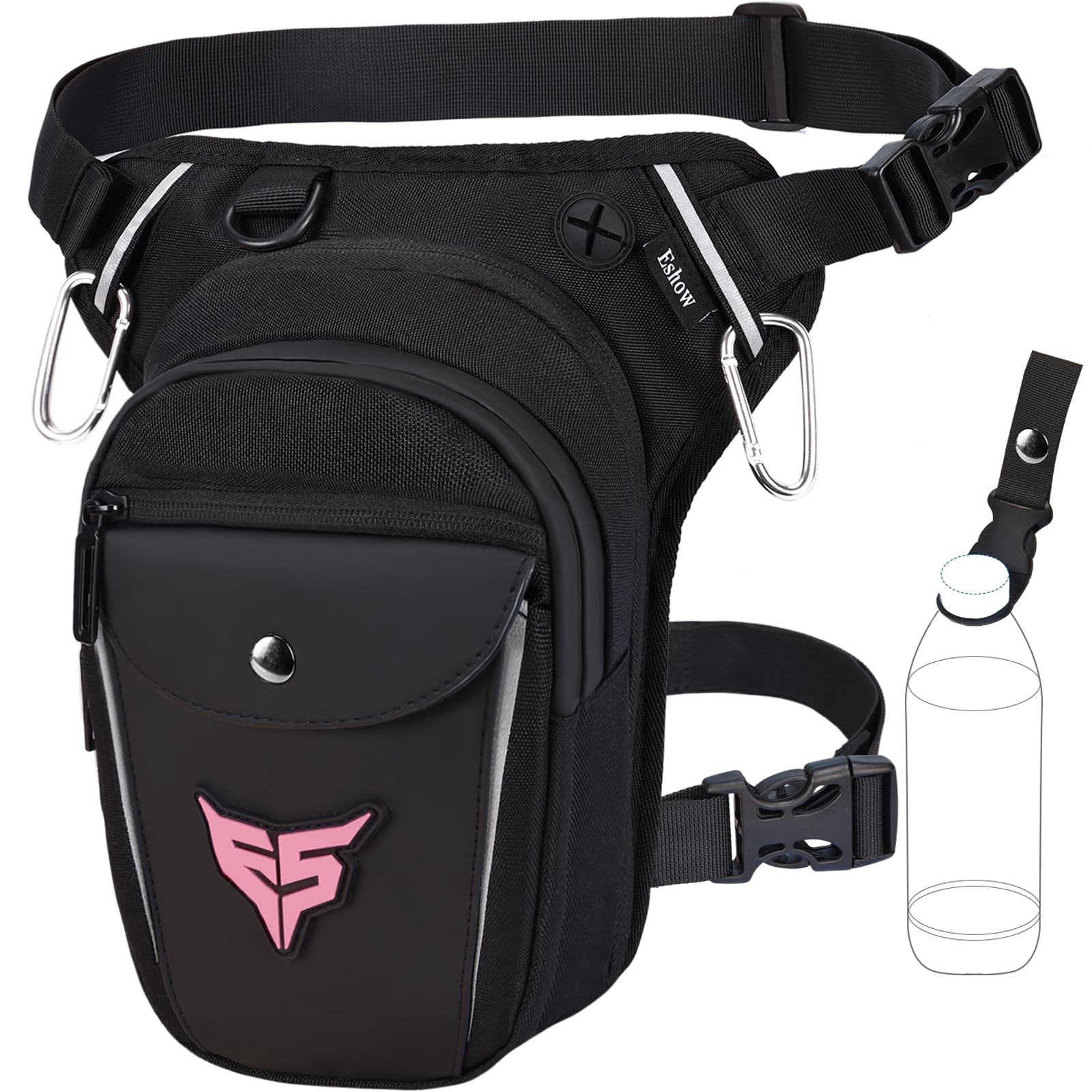 Eshow Marsupio da Gamba Moto, Borsa Cosciale Espandibile con Fibbia Borraccia e Striscia Riflettente per Uomo e Donna, Borsello Sportivo con Multitache per Trekking Ciclismo Viaggio Campeggio Pesca