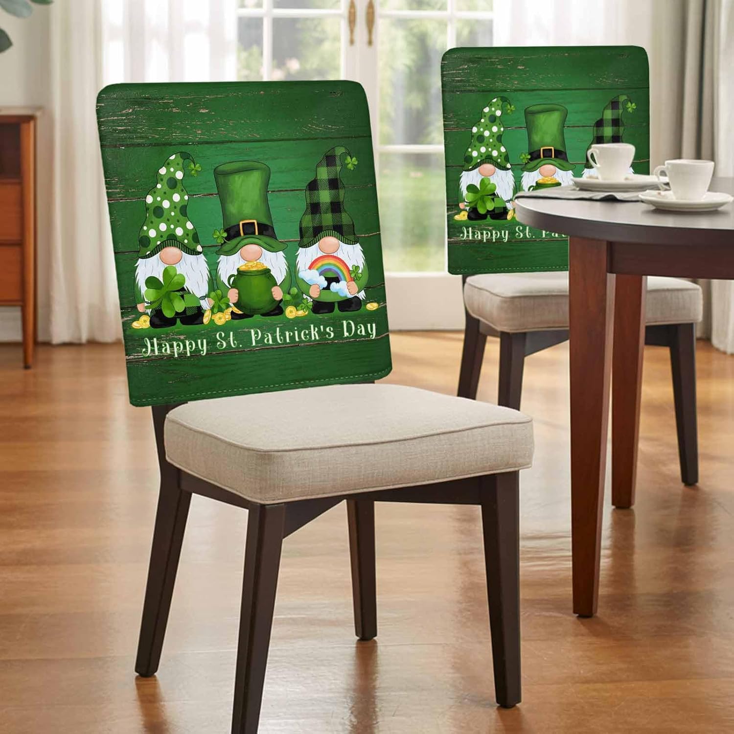 Savannan St. Patrick's Day Gnome Dining Chair Back Covers, Shamrock Rustic Old Wooden Green Chair Covers Chair Slipcovers Protective Covers for Holiday Party Festival Decoration, Set of 4