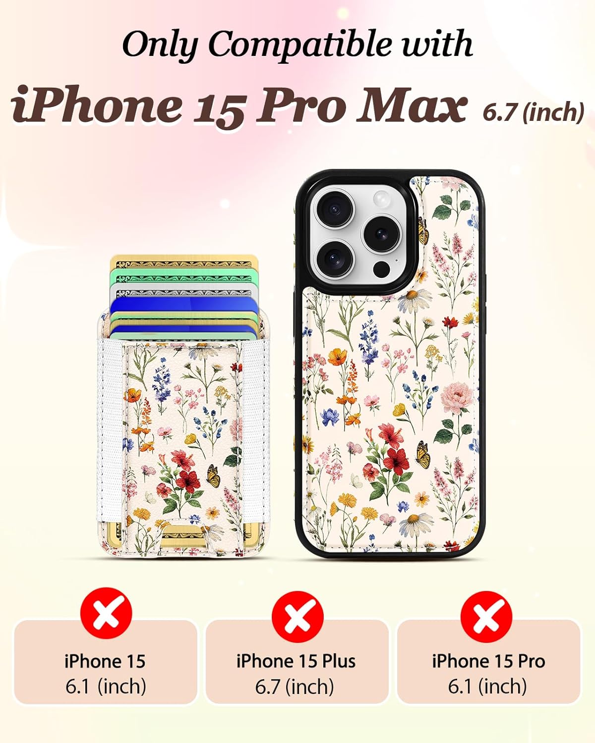 Shorogyt for iPhone 15 Pro Max Case Wallet - Fits 5 Cards, Compatible with Magsafe Detachable Magnetic Credit Card Holder Leather Cardholder Cute Phone Cover Women Girls for Apple 15 ProMax, Floral - Image 2