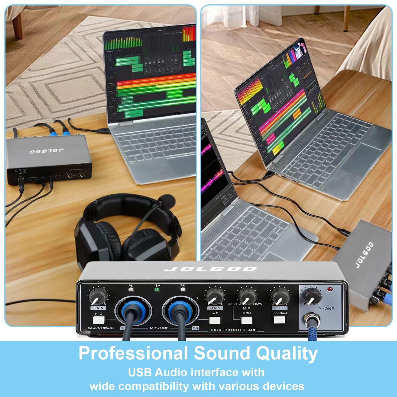 Interface audio USB, 24 bits/192 kHz, carte son Plug & Play pour enregistrement, entrée XLR/ligne, sortie casque, faible latence, compatible avec PC, Mac, smartphone