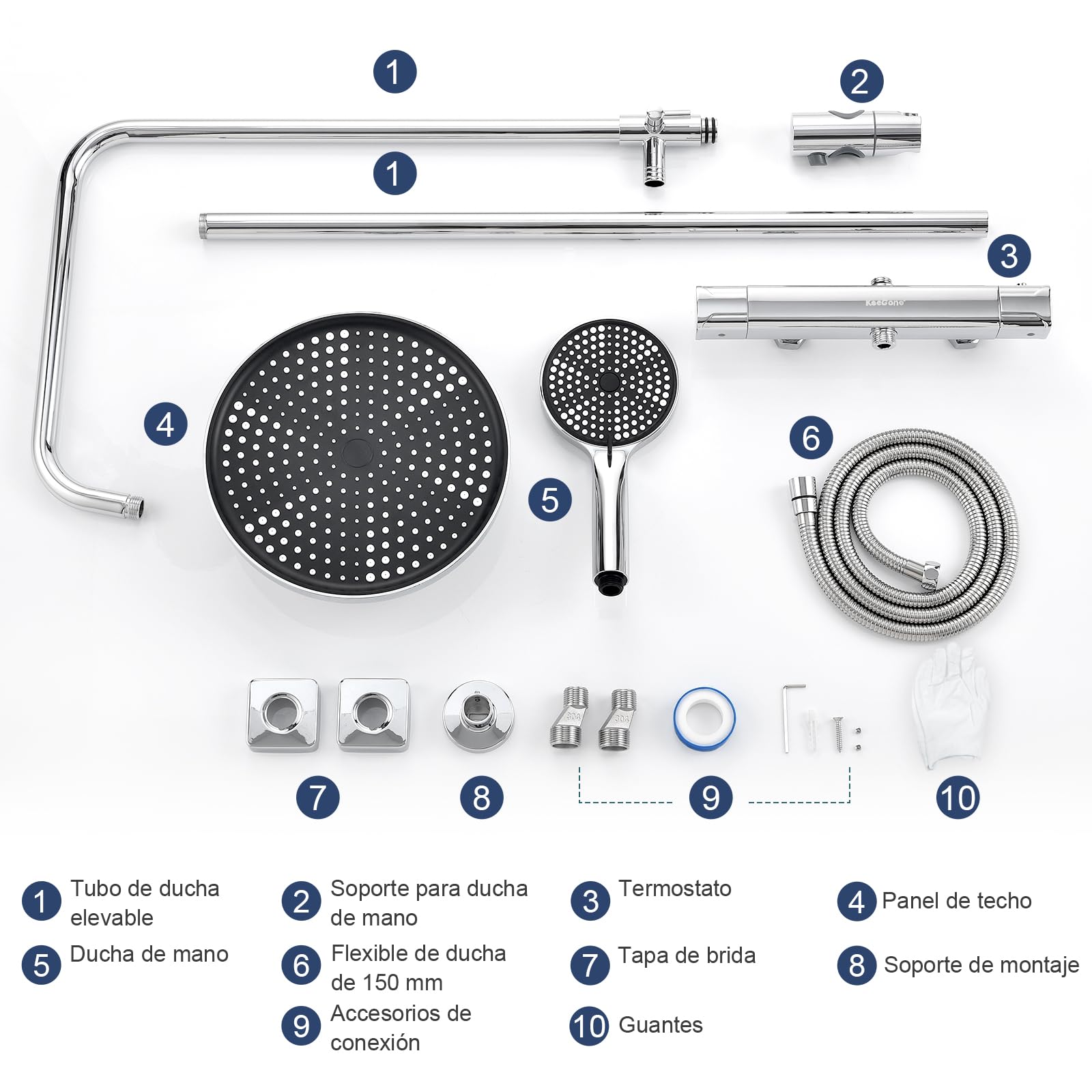 Sistema de ducha con termostato ducha de lluvia de acero inoxidable ducha de mano de 25 cm 3 tipos de chorro juego de grifería de ducha altura ajustable con protección anti-escaldaduras