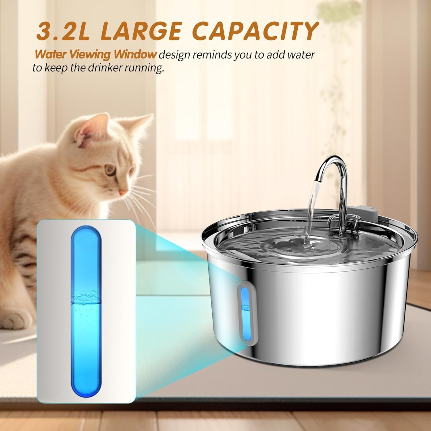 Foliam® Cat Water Fountain - 3.2L/108oz Stainless Steel Pet Water Drinking Fountain for Cats Indoor, Dog Water Fountain with Water Level Window (Steel, Round 3L-1) 1