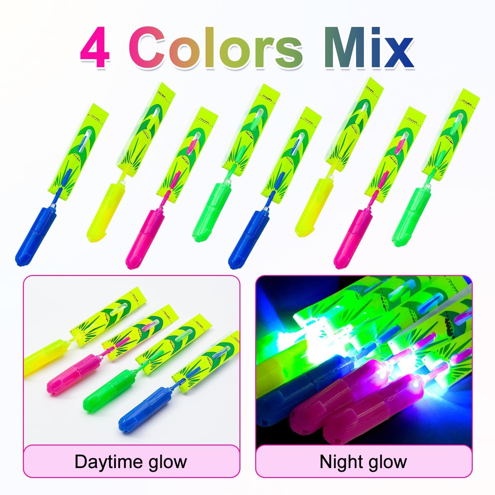 Tirachinas voladoras con luces, cohetes helicópteros, 4 colores para niños, juguete de helicóptero lanzado con banda de goma, incluye 12 helicópteros + 12 lanzadores, para verano al aire libre 4