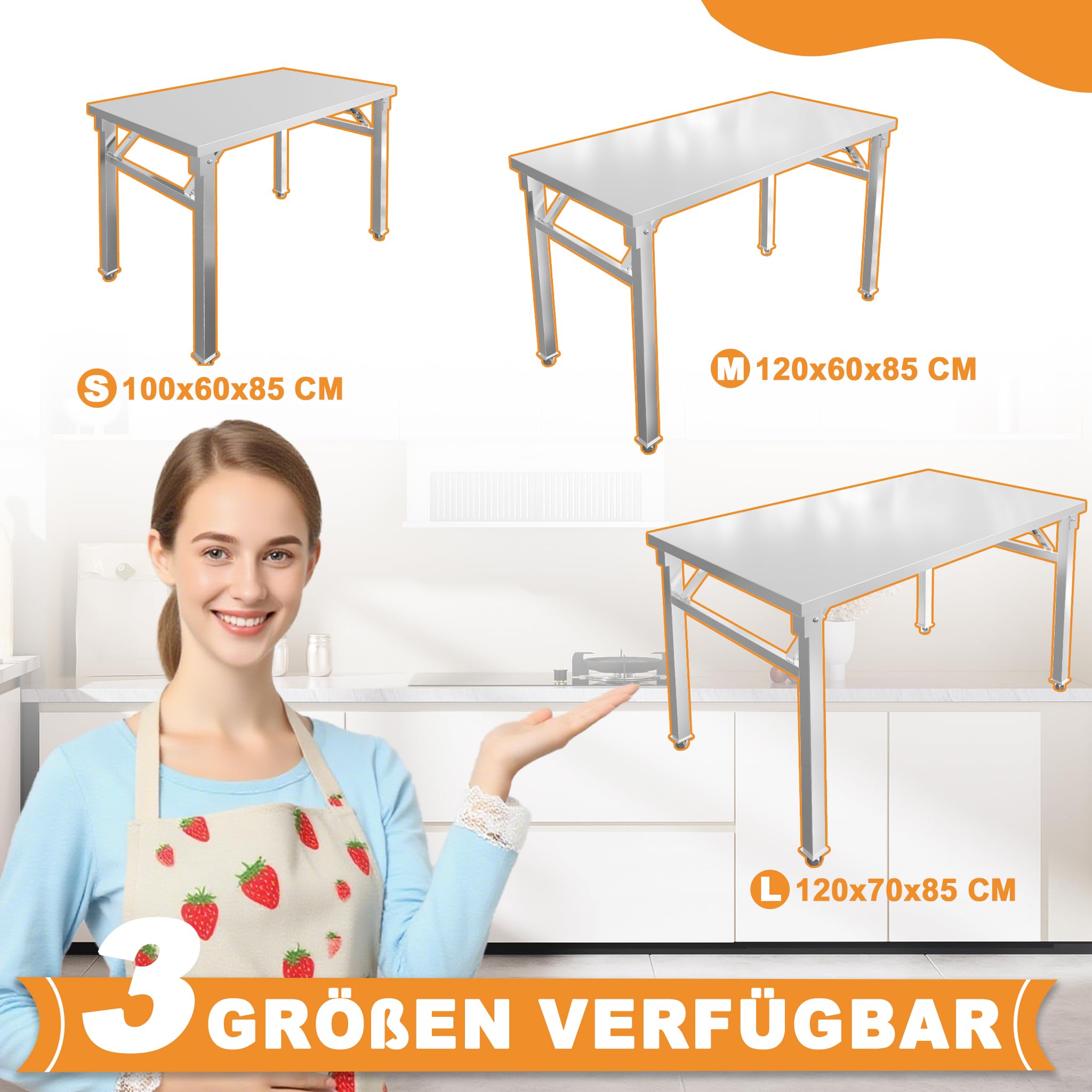 UISEBRT Mesa plegable de acero inoxidable con capacidad de carga de 300 kg y patas ajustables ajustables, mesa de trabajo plegable, mesa de cocina, para gastronomía, cocina, bar, restaurante, 120 x 60