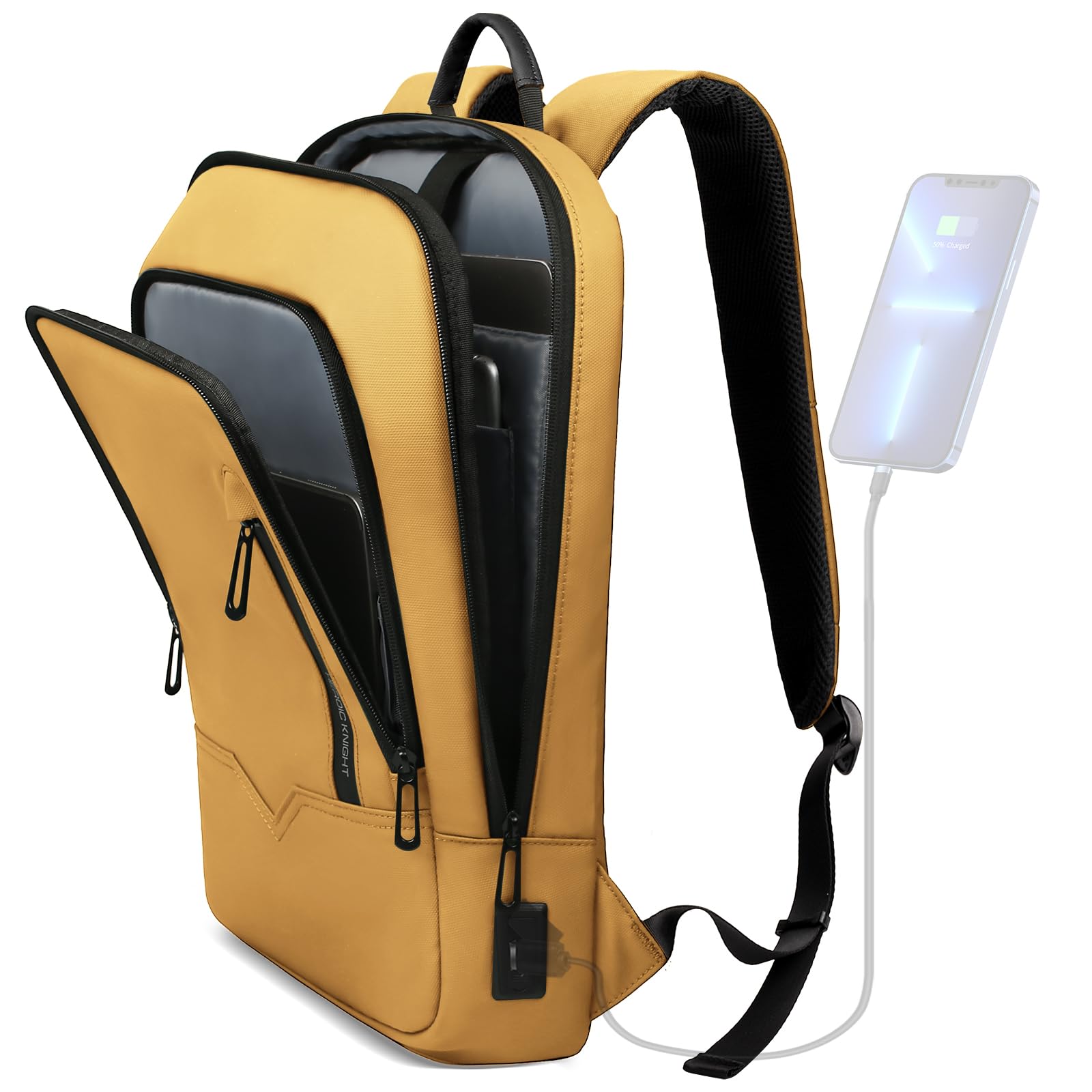 hk Backpack for Men Business Slim Backpack with USB Charger Computer Lightweight Anti-theft Travel (Yellow, 15.6 Inch)