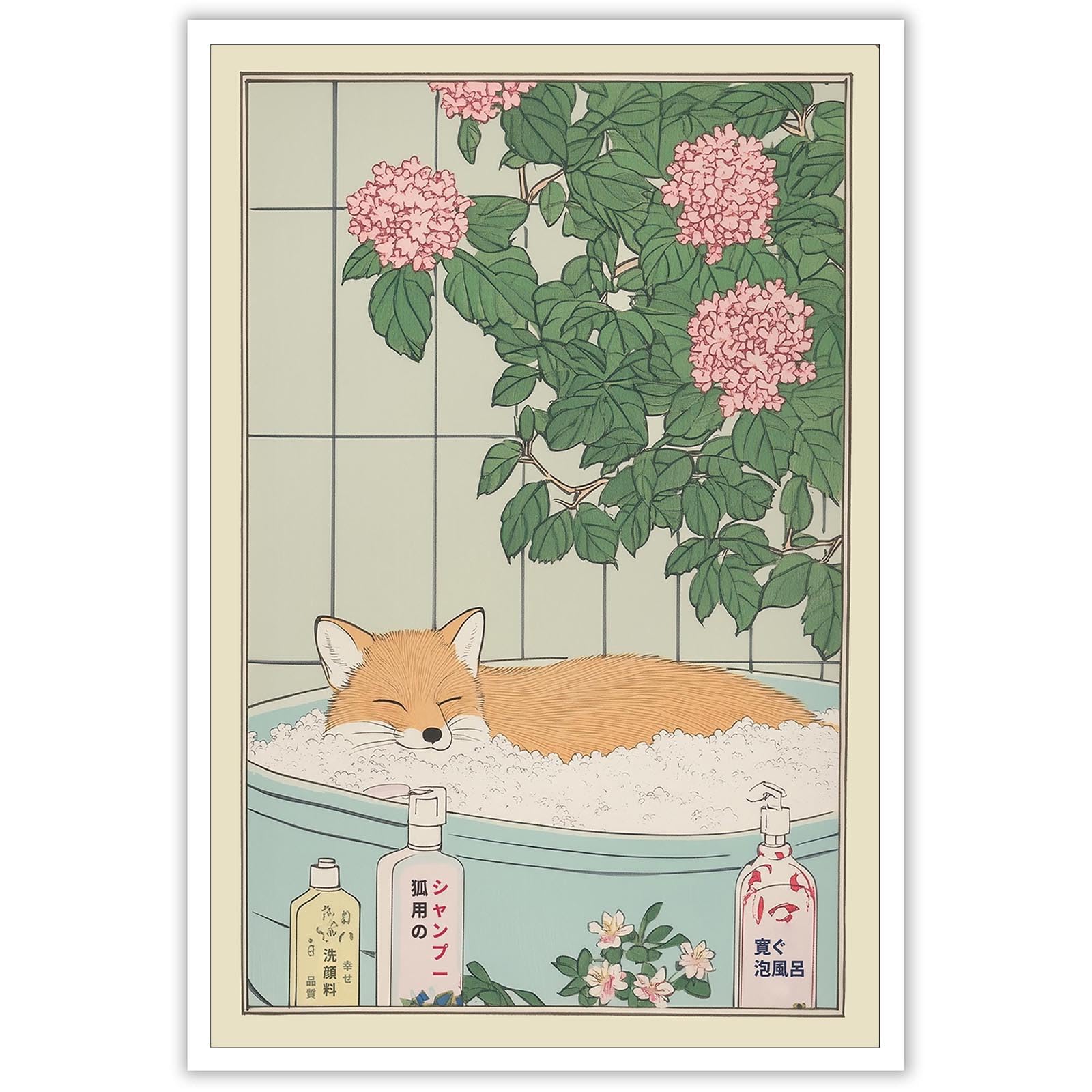 Vintage Fox In Bathtub Posters Rustic Japanese Aesthetic Bathroom Canvas Wall Art Minimalism Cute Animal Relax Prints Painting For Home Bedroom Dorm