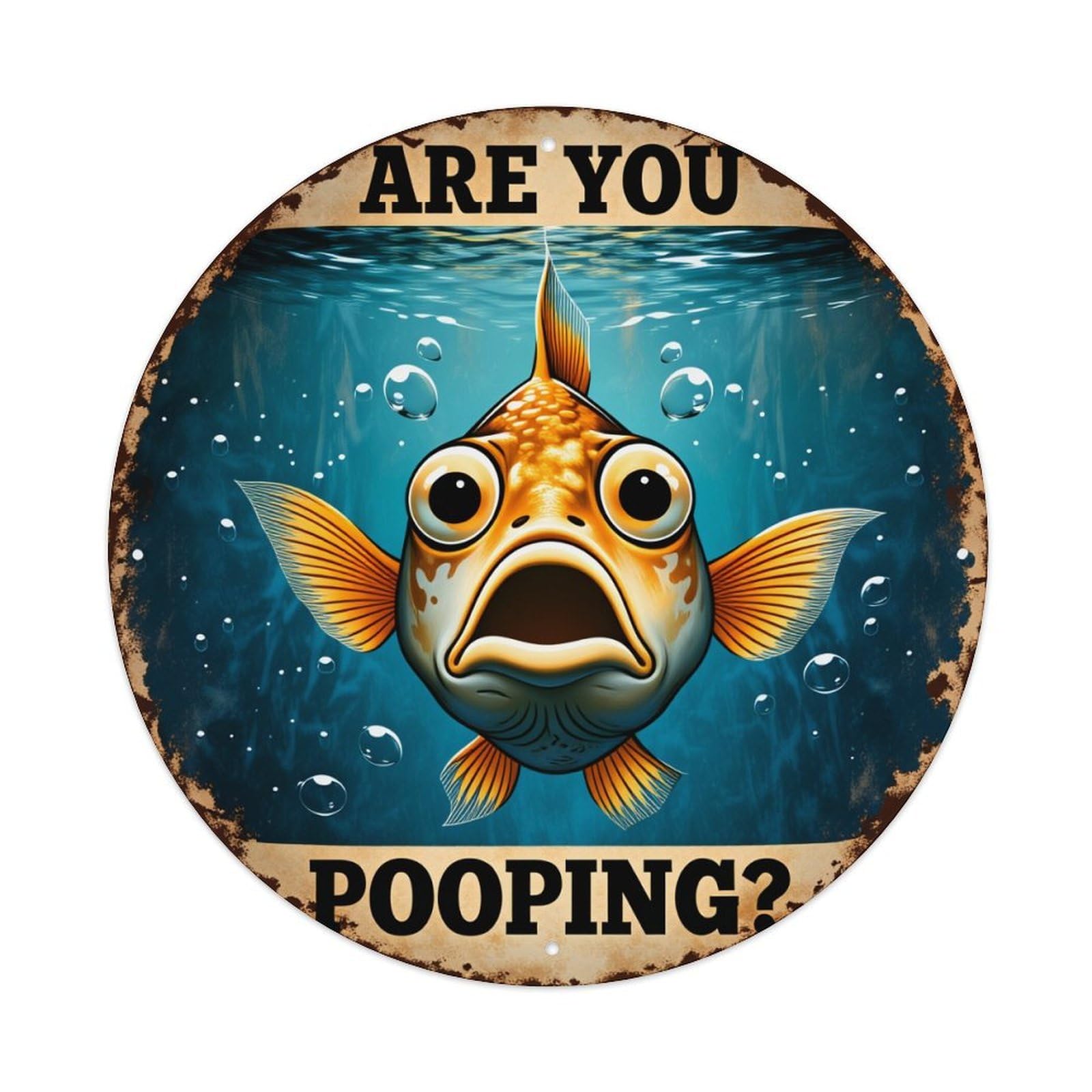 Wmlzdnwr Vintage Fish With Wide Eyes And Open Mouth Underwater Round Tin Sign,Retro Wall Art,Metal Poster For Home, Bar, Garage, Cafe, Rustic Indoor & Outdoor Decor, 8X8 Inches