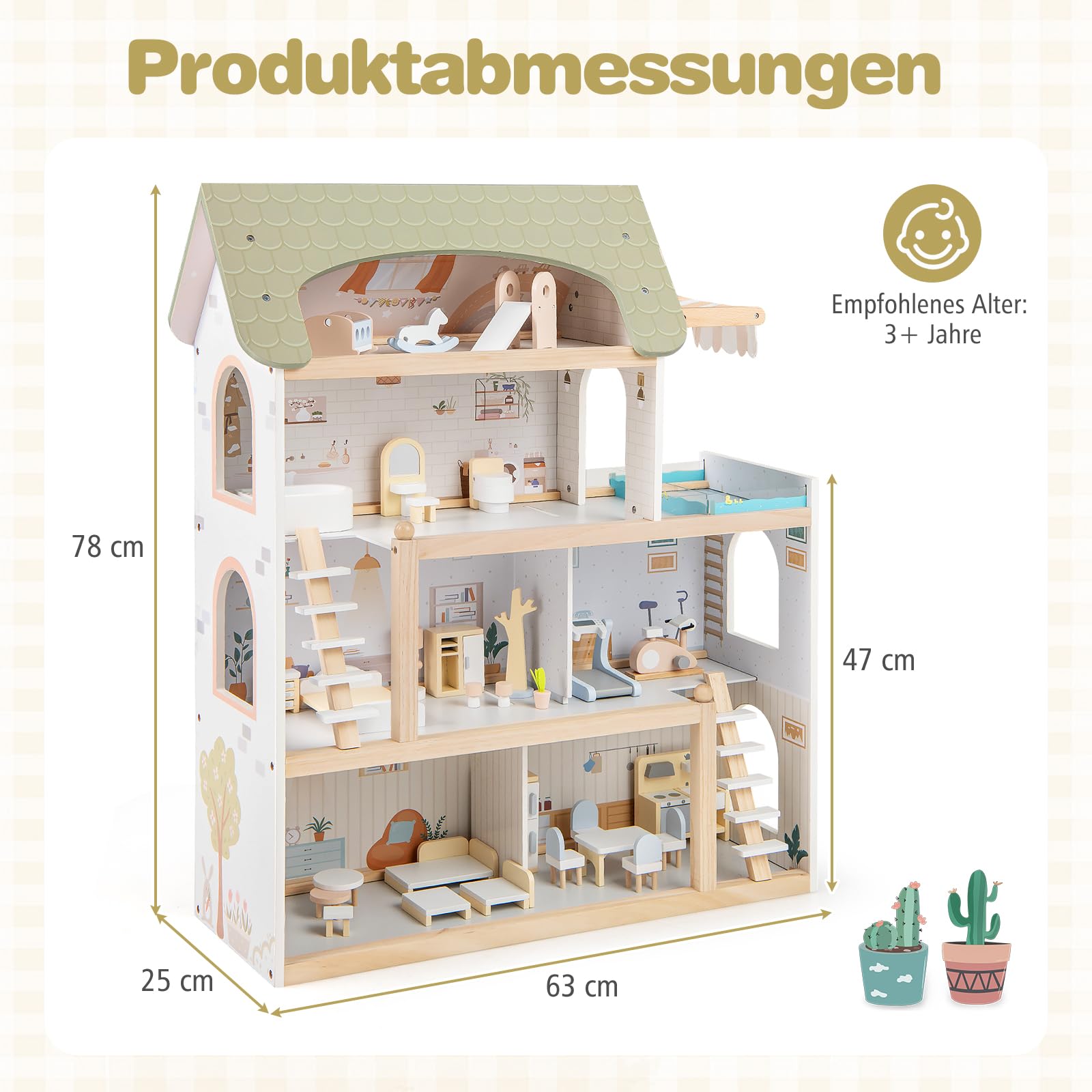 COSTWAY Puppenhaus Holz, Kinder Dollhouse mit 33 Möbelstücken, Puppenstube mit Balkon & Pool, Puppenvilla Traumvilla für Mädchen & Jungen ab 2 Jahren (Grün)