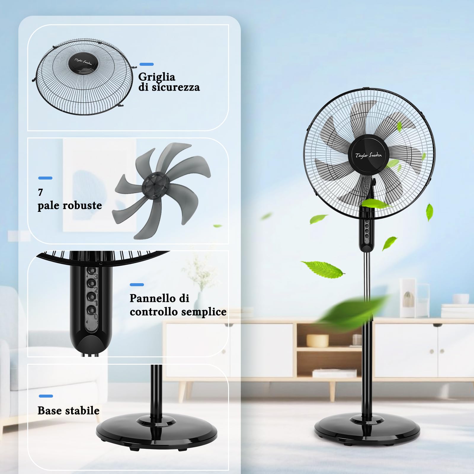 Taylor Swoden Ventilatore a Piantana Potente, 50W, 7 Pale, 3 Velocità Ventilatore Silenzioso, Oscillante, Altezza Regolabile, Griglia, Base Rotonda Stabile, Nero, 43x40x130cm