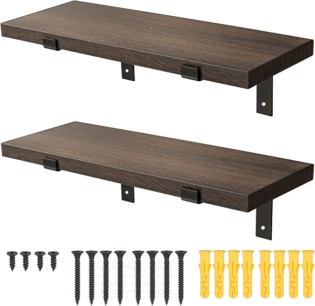 eSynic Rustic Floating Shelves, Popular 2Pcs Wood Wall Hanging Floating Shelves Rustic Floating Shelves Wall Mounted with Removable Towel Holder for Home, Kitchen, Office Decorating