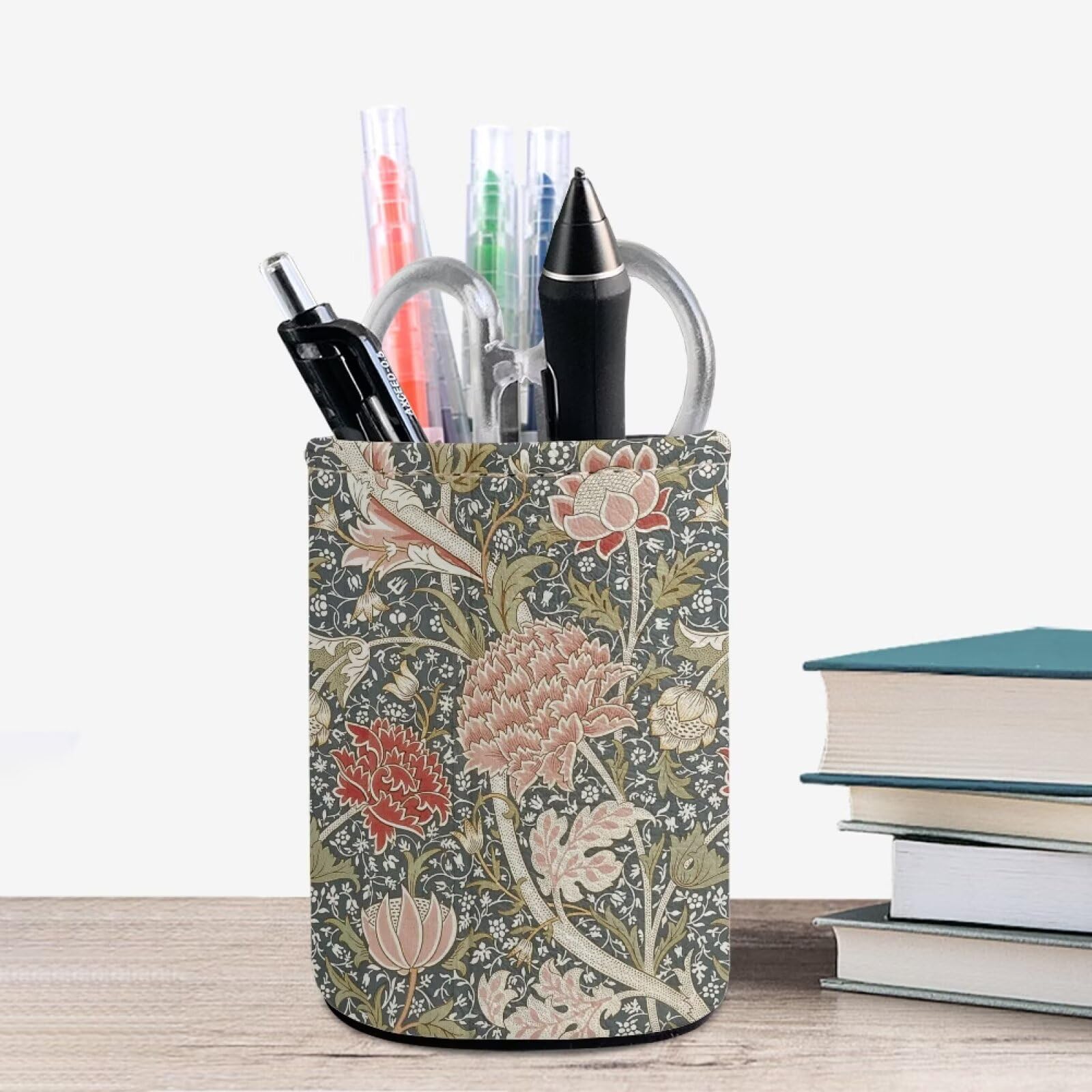 Buxolandt Red Pink Flower Leaf Print Pencil Holder Pen Cup PU Leather Brush Scissor Holder Container Desk Organizer Stand Decor Decoration Office Desk Home School Supplies (7.6 x 10.3 cm) - Image 4